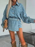 Button-Front Shirt and Mini Skirt Oversized Denim Set - Velora Luxury Fashion