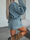 Button-Front Shirt and Mini Skirt Oversized Denim Set - Velora Luxury Fashion