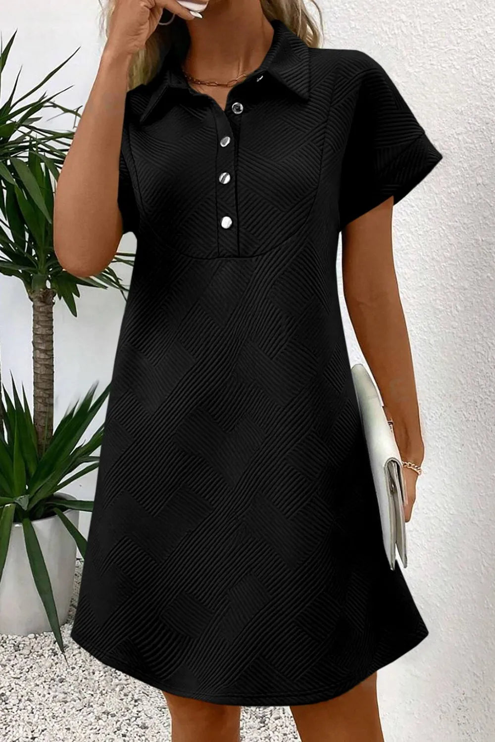 Button Front Short Sleeve Mini Dress - Velora Luxury Fashion