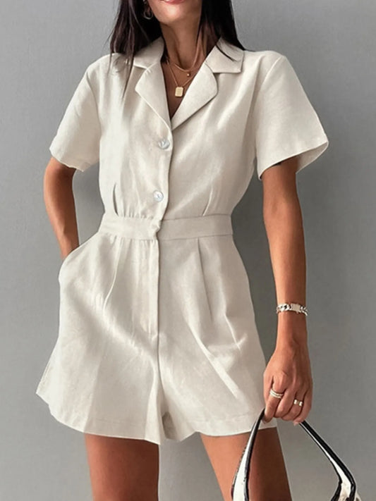 Button-Front Short Sleeve Romper - Velora Luxury Fashion