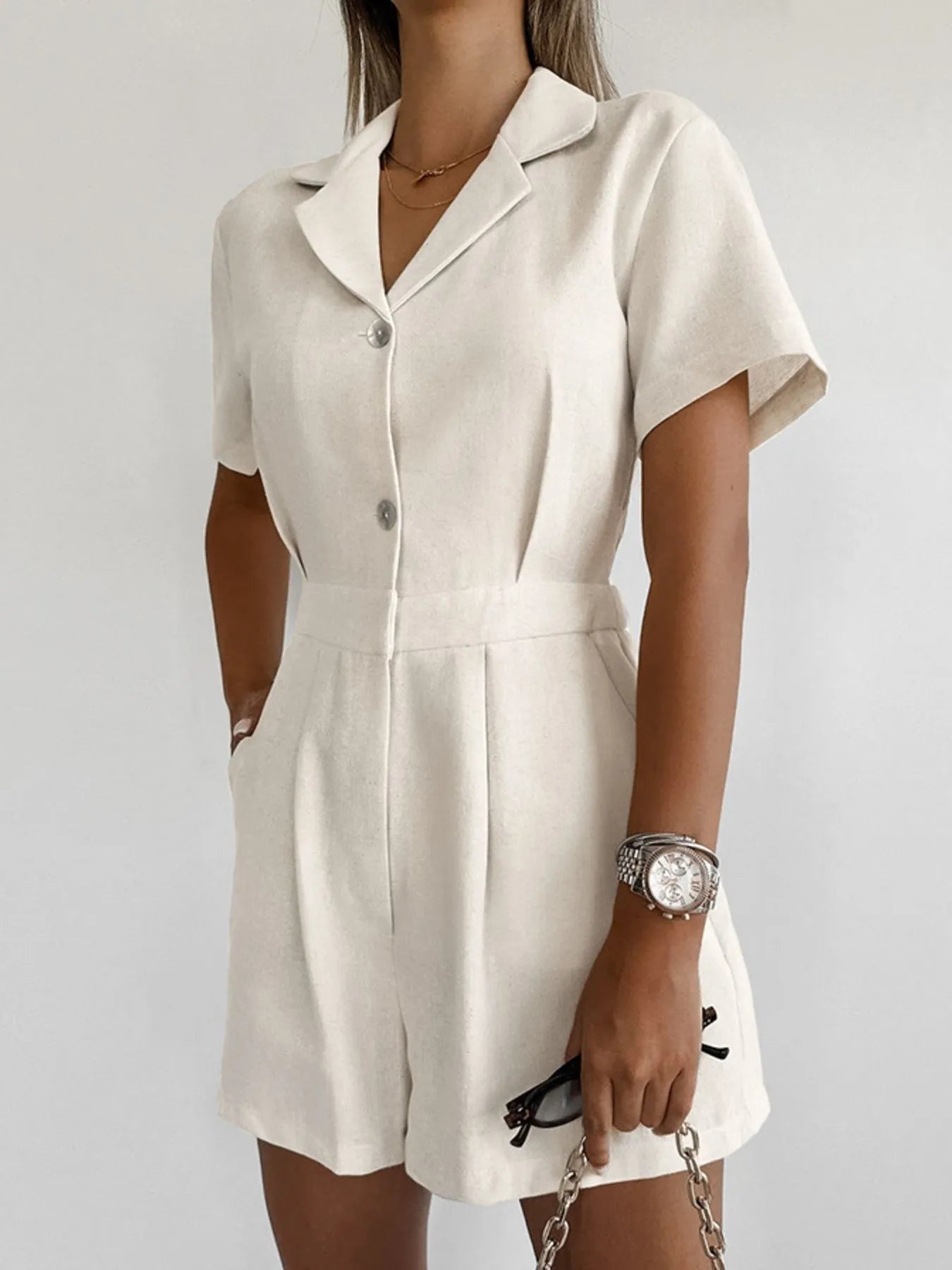 Button-Front Short Sleeve Romper - Velora Luxury Fashion
