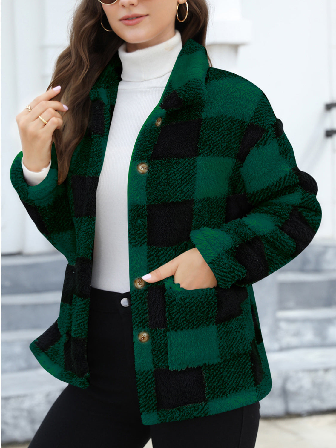 Button Up Drop Shoulder Fuzzy Jacket - Velora Luxury Fashion