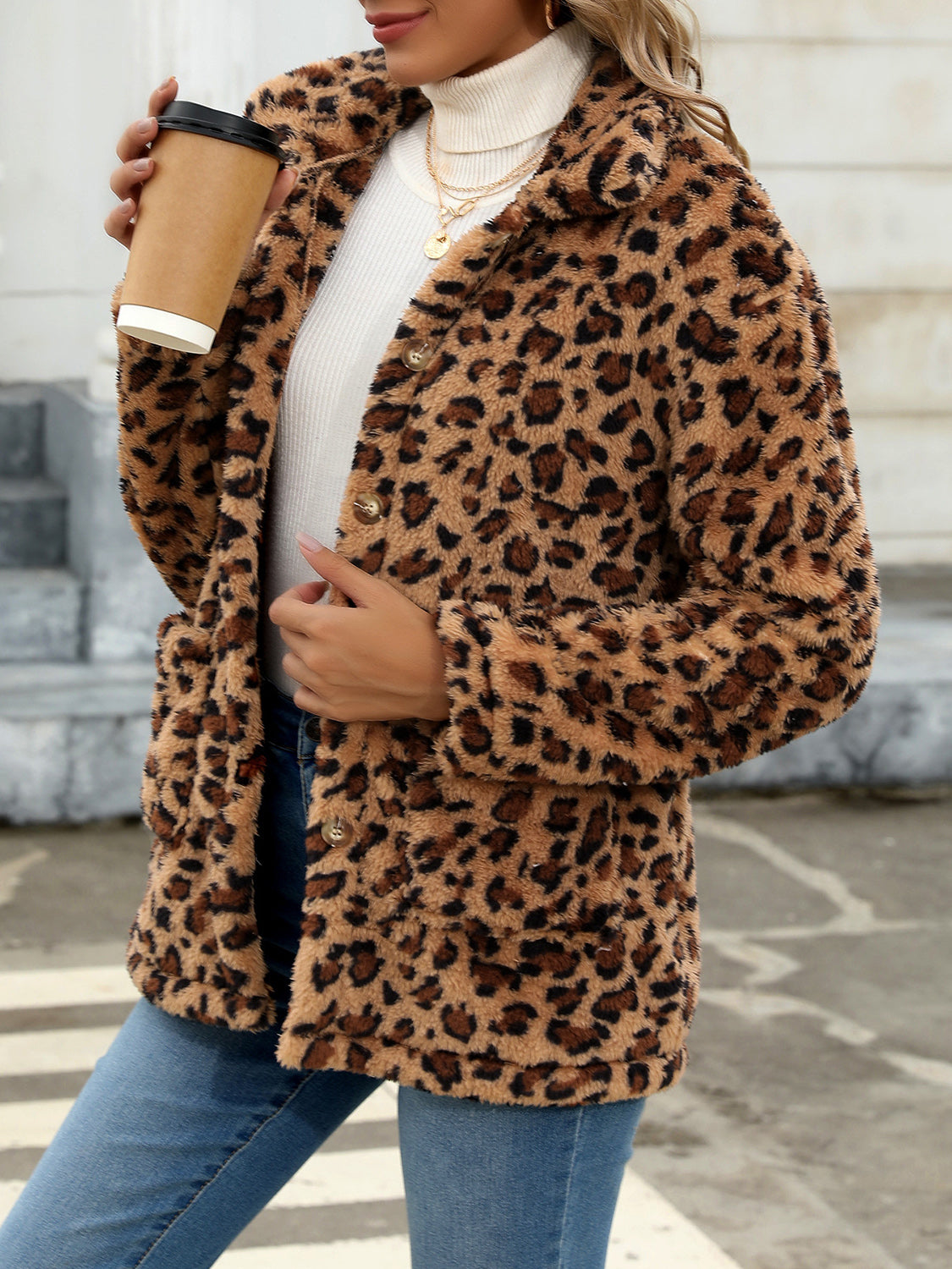 Button Up Drop Shoulder Fuzzy Jacket - Velora Luxury Fashion