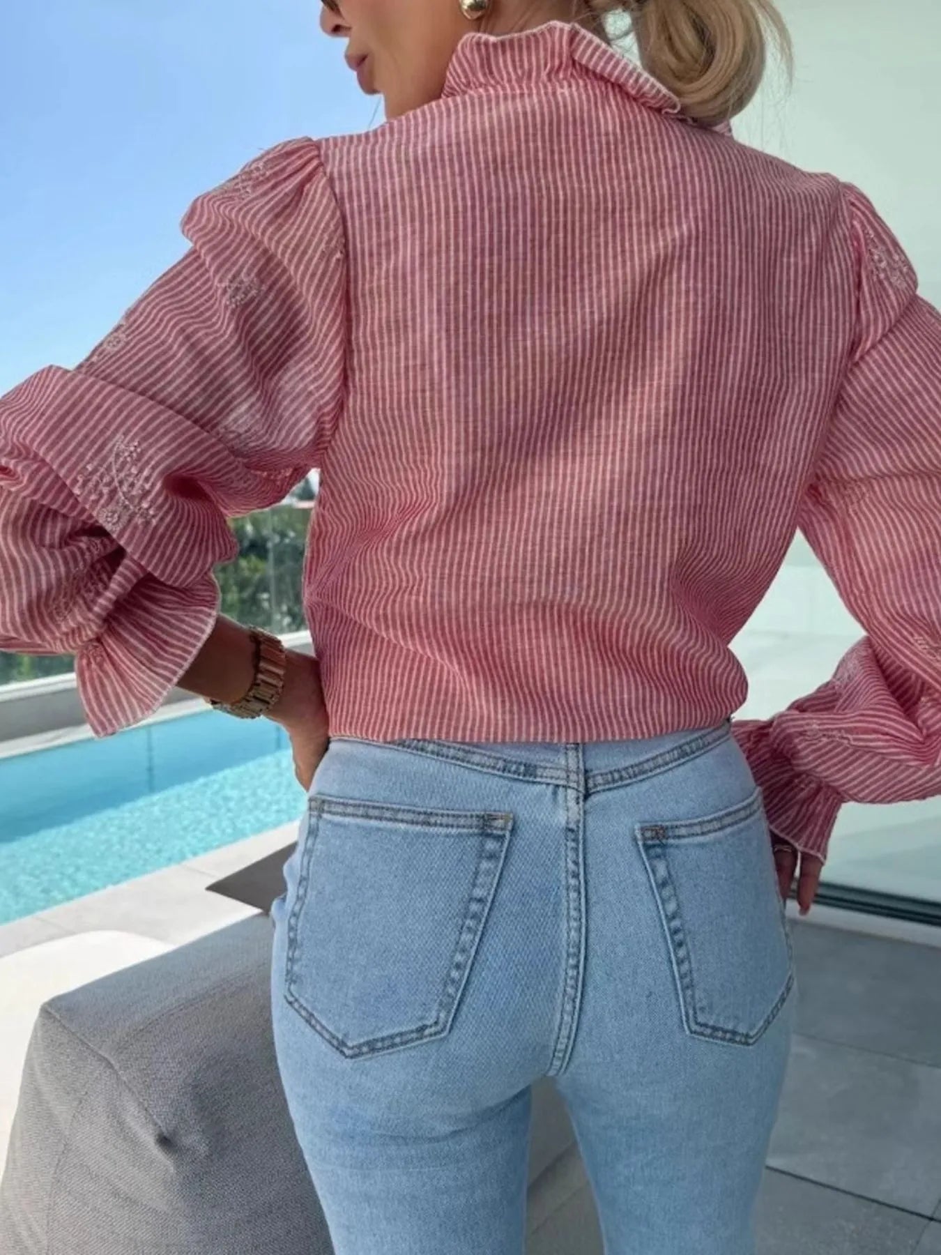 Button Up Flounce Sleeve Shirt - Velora Luxury Fashion