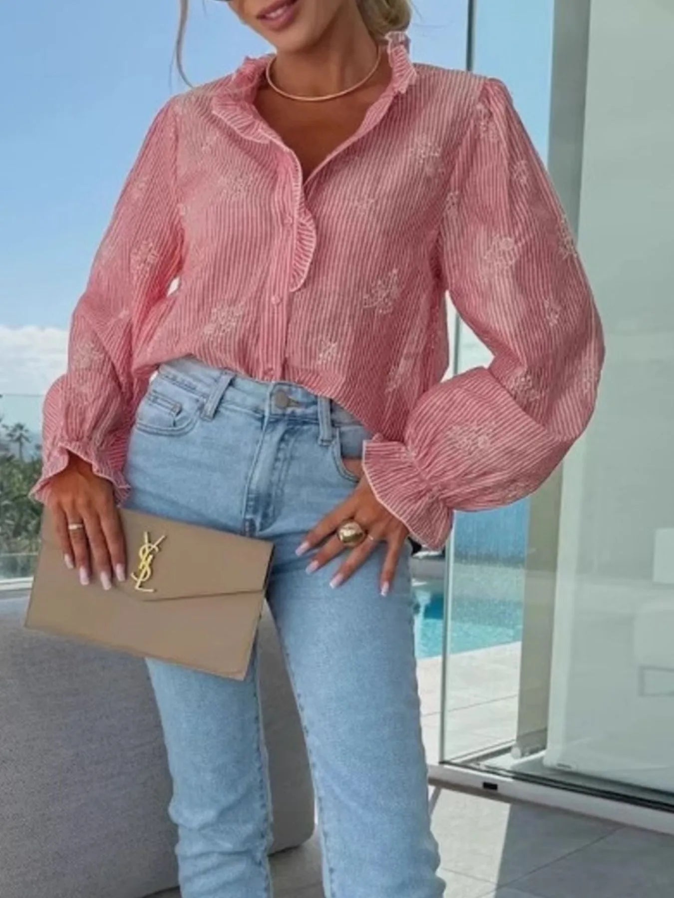 Button Up Flounce Sleeve Shirt - Velora Luxury Fashion