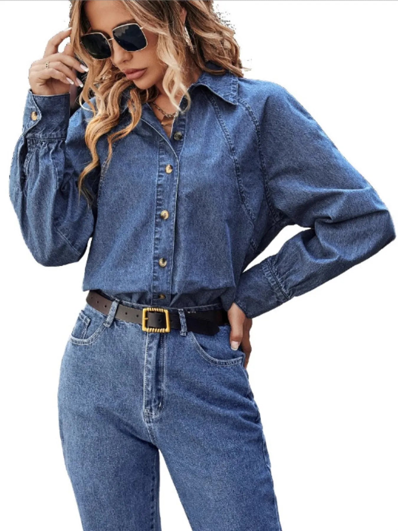 Button Up Long Sleeve Denim Shirt - Velora Luxury Fashion
