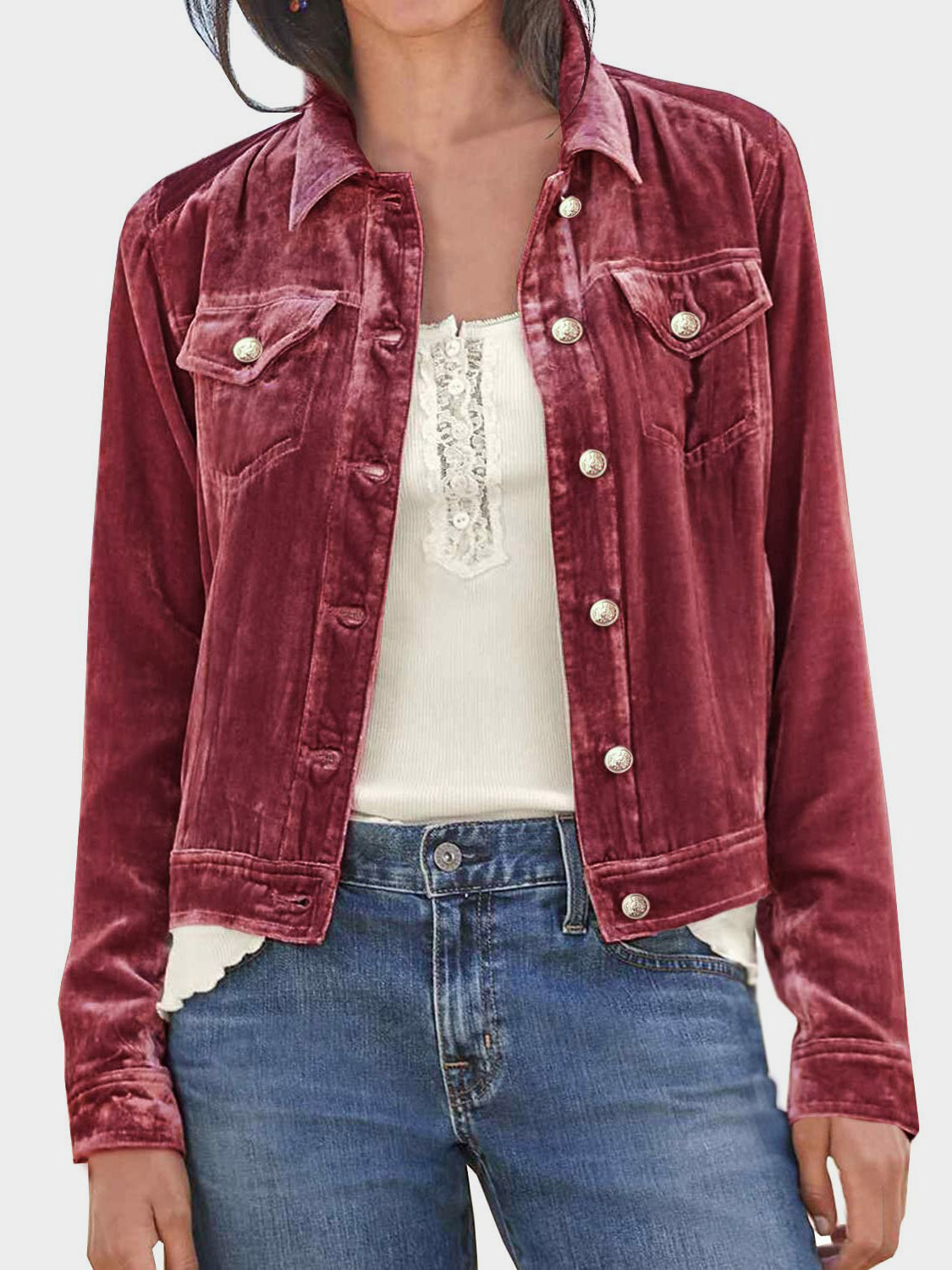 Button Up Long Sleeve Jacket with Chest Pockets - Velora Luxury Fashion