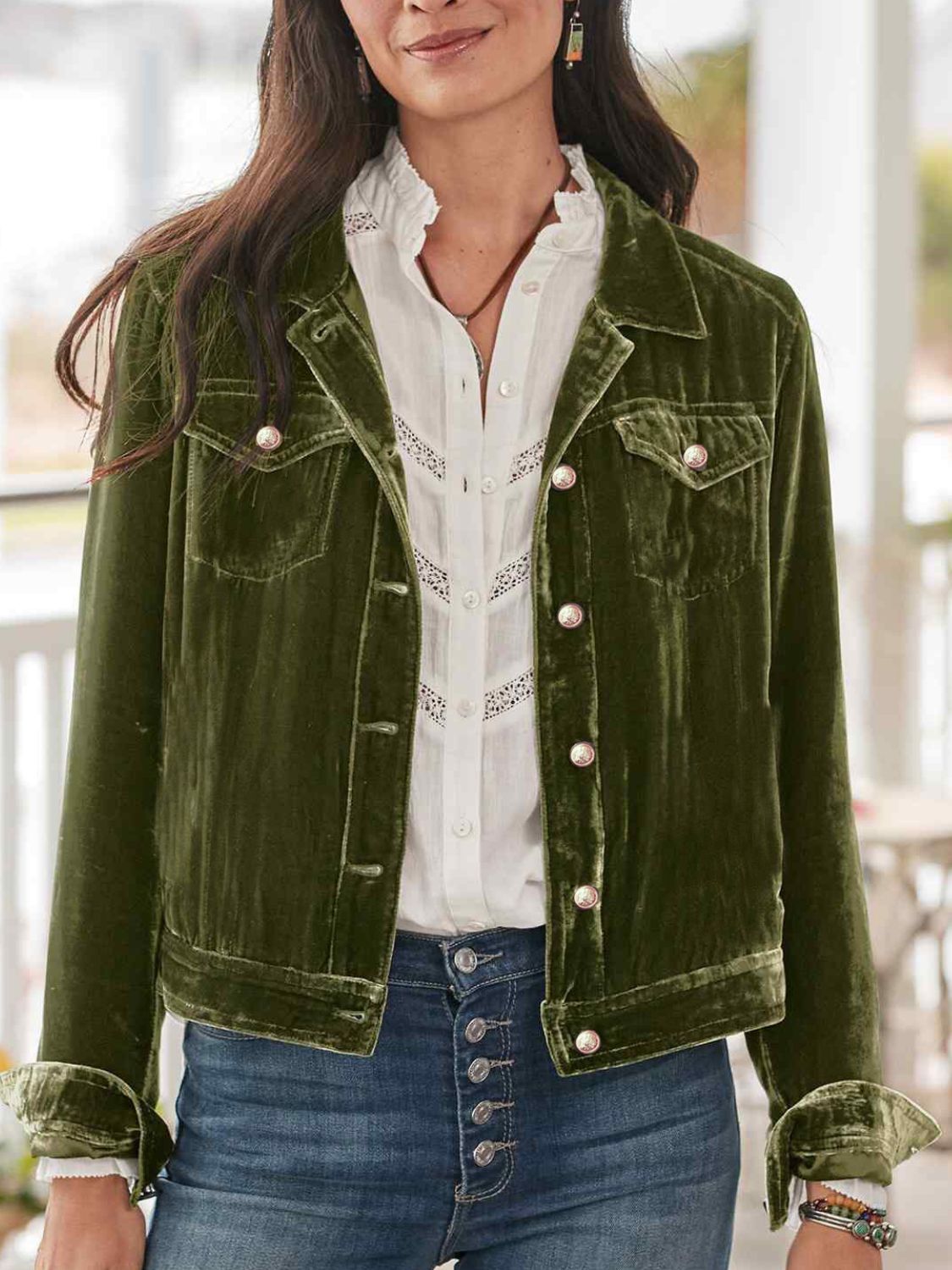 Button Up Long Sleeve Jacket with Chest Pockets - Velora Luxury Fashion