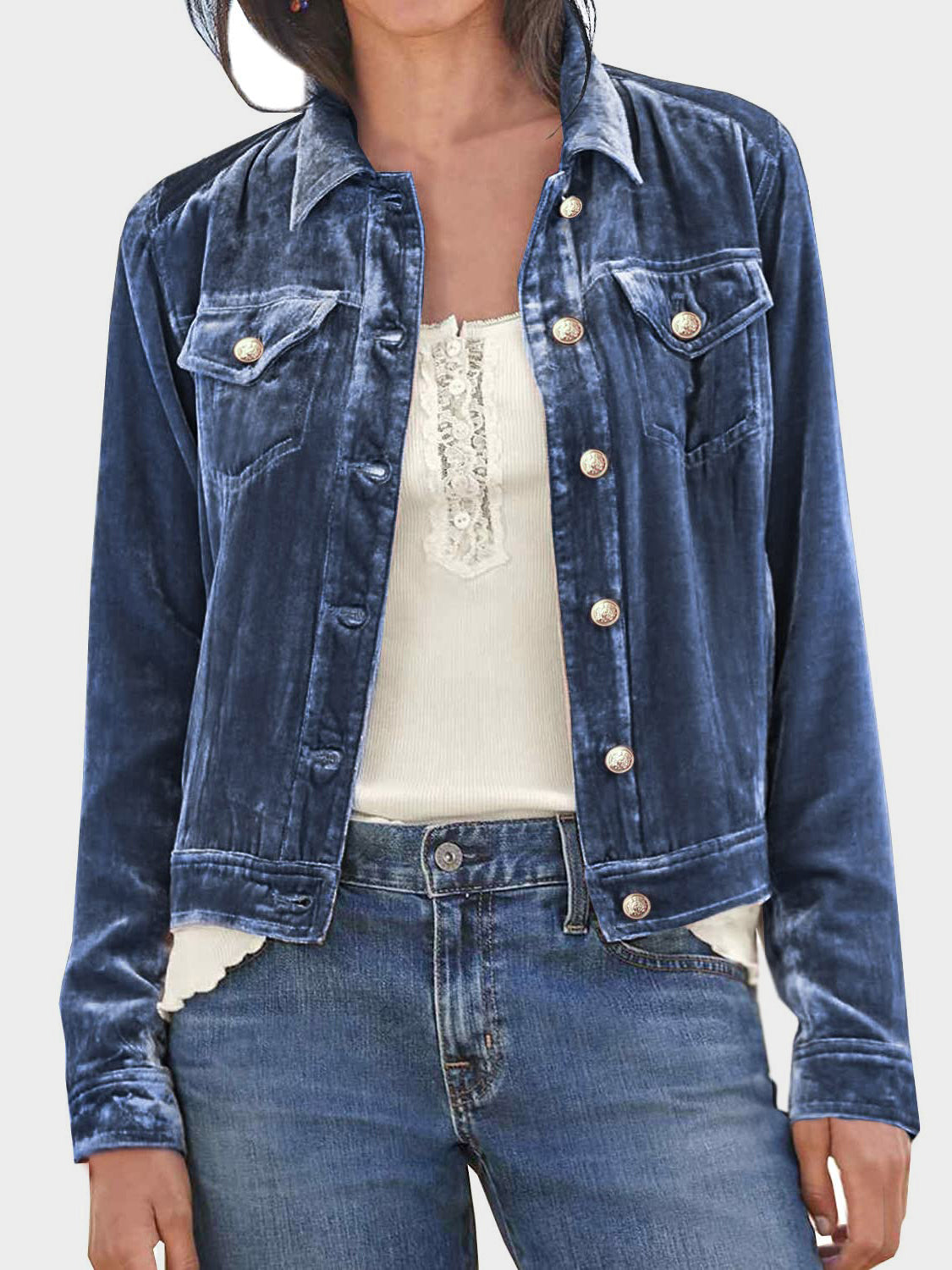 Button Up Long Sleeve Jacket with Chest Pockets - Velora Luxury Fashion