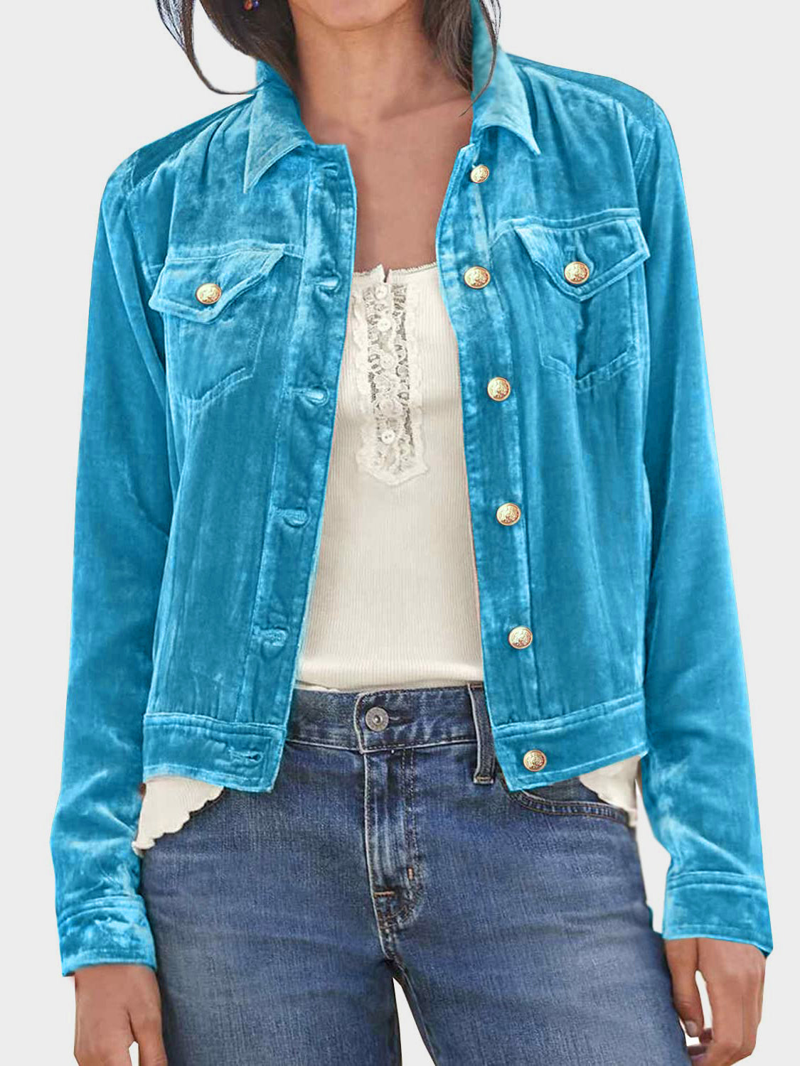 Button Up Long Sleeve Jacket with Chest Pockets - Velora Luxury Fashion