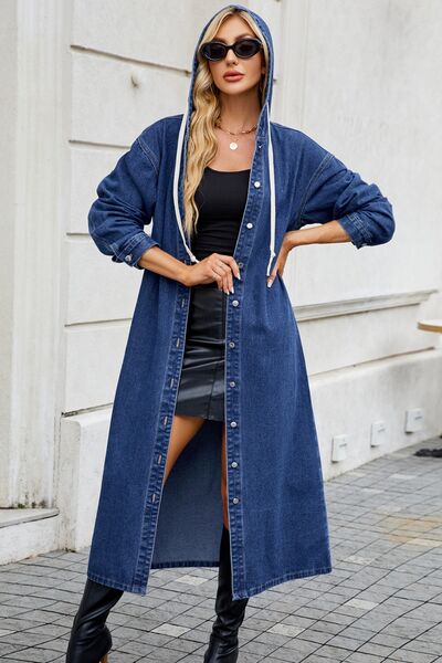 Button Up Long Sleeve Longline Hooded Denim Outerwear - Velora Luxury Fashion