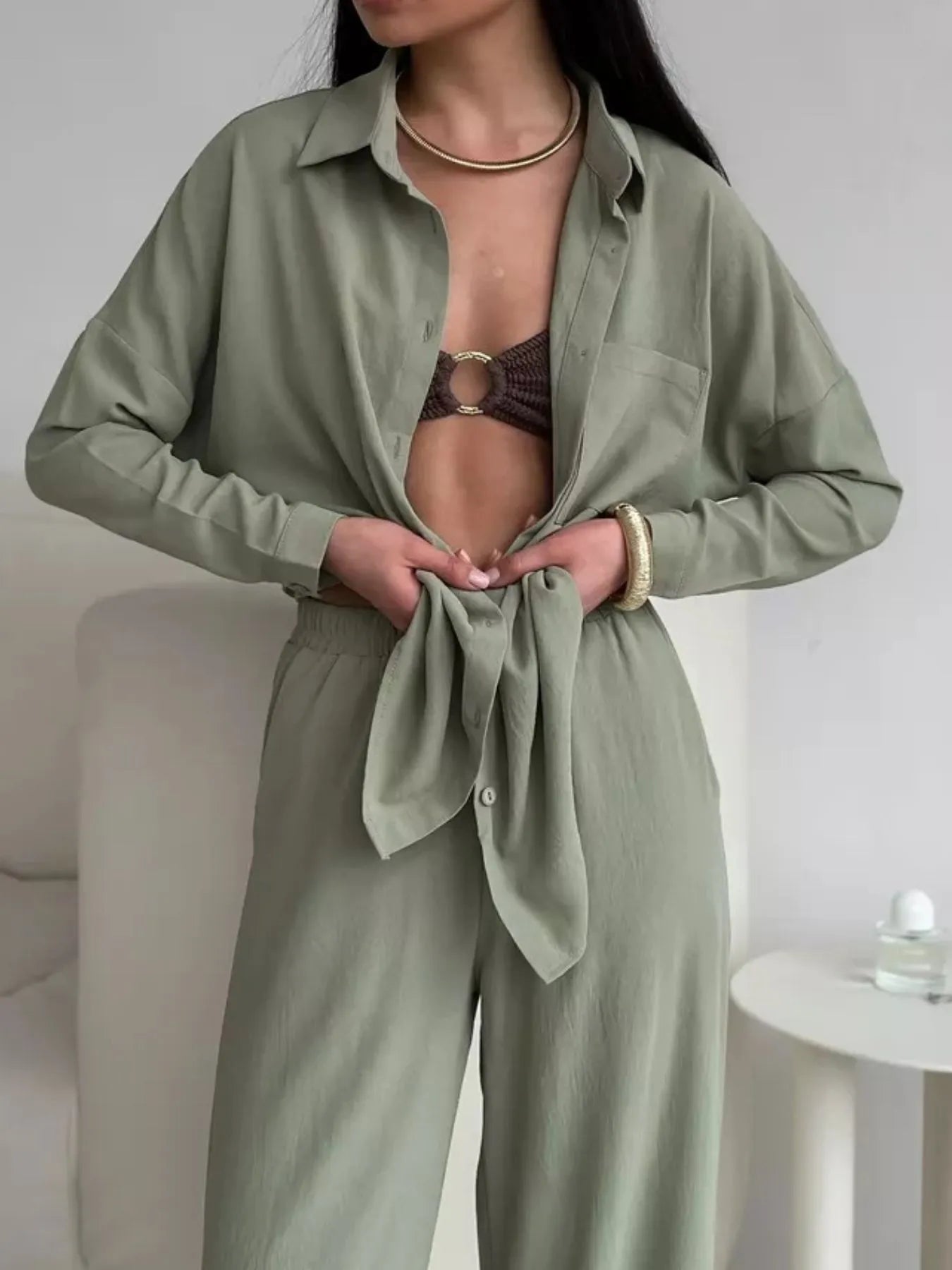Button Up Long Sleeve Shirt and Pants Set - Velora Luxury Fashion
