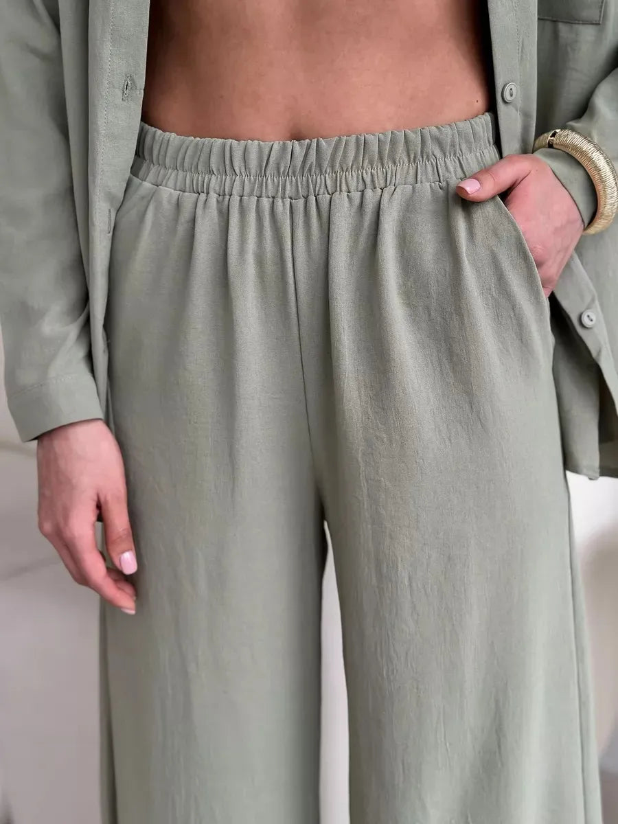 Button Up Long Sleeve Shirt and Pants Set - Velora Luxury Fashion