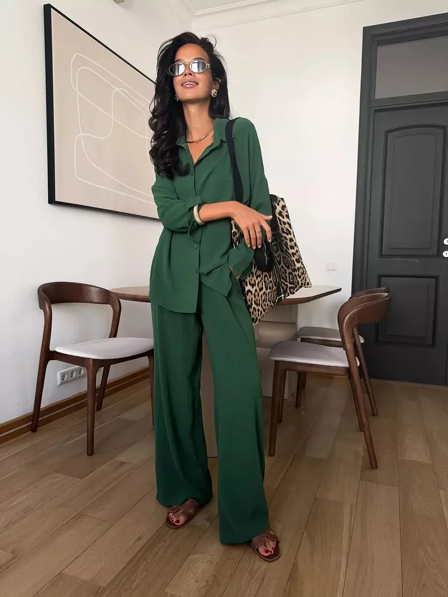 Button Up Long Sleeve Shirt and Pants Set - Velora Luxury Fashion