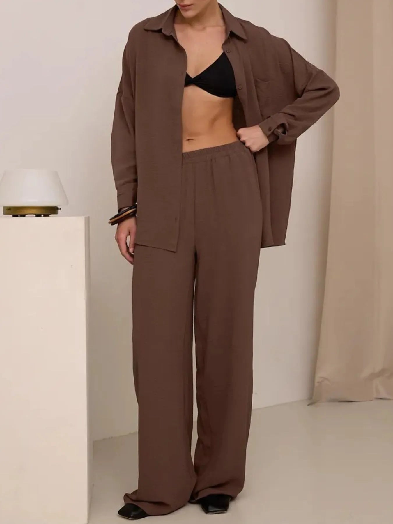 Button Up Long Sleeve Shirt and Pants Set - Velora Luxury Fashion