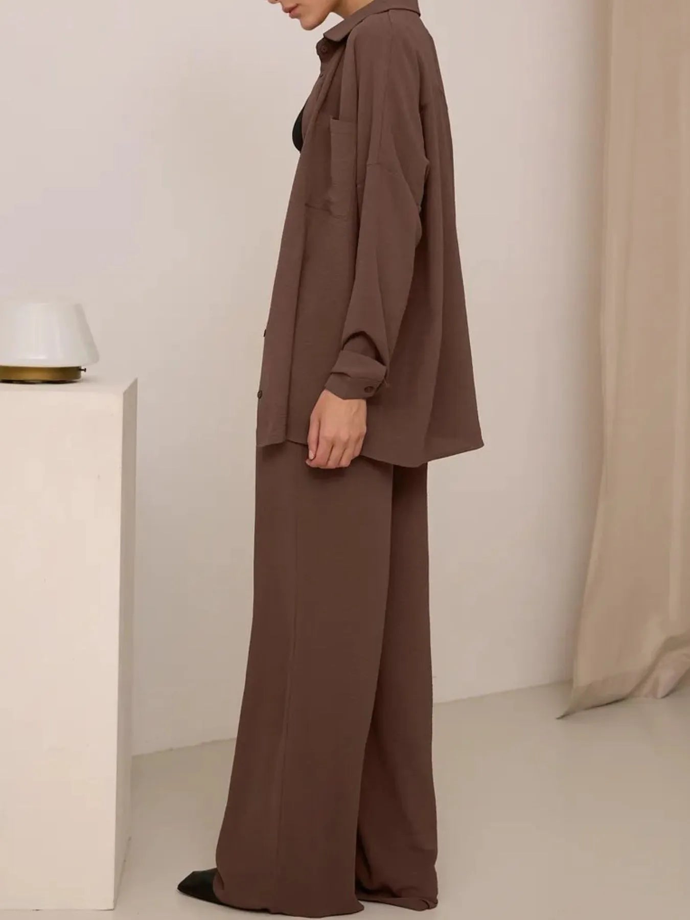 Button Up Long Sleeve Shirt and Pants Set - Velora Luxury Fashion