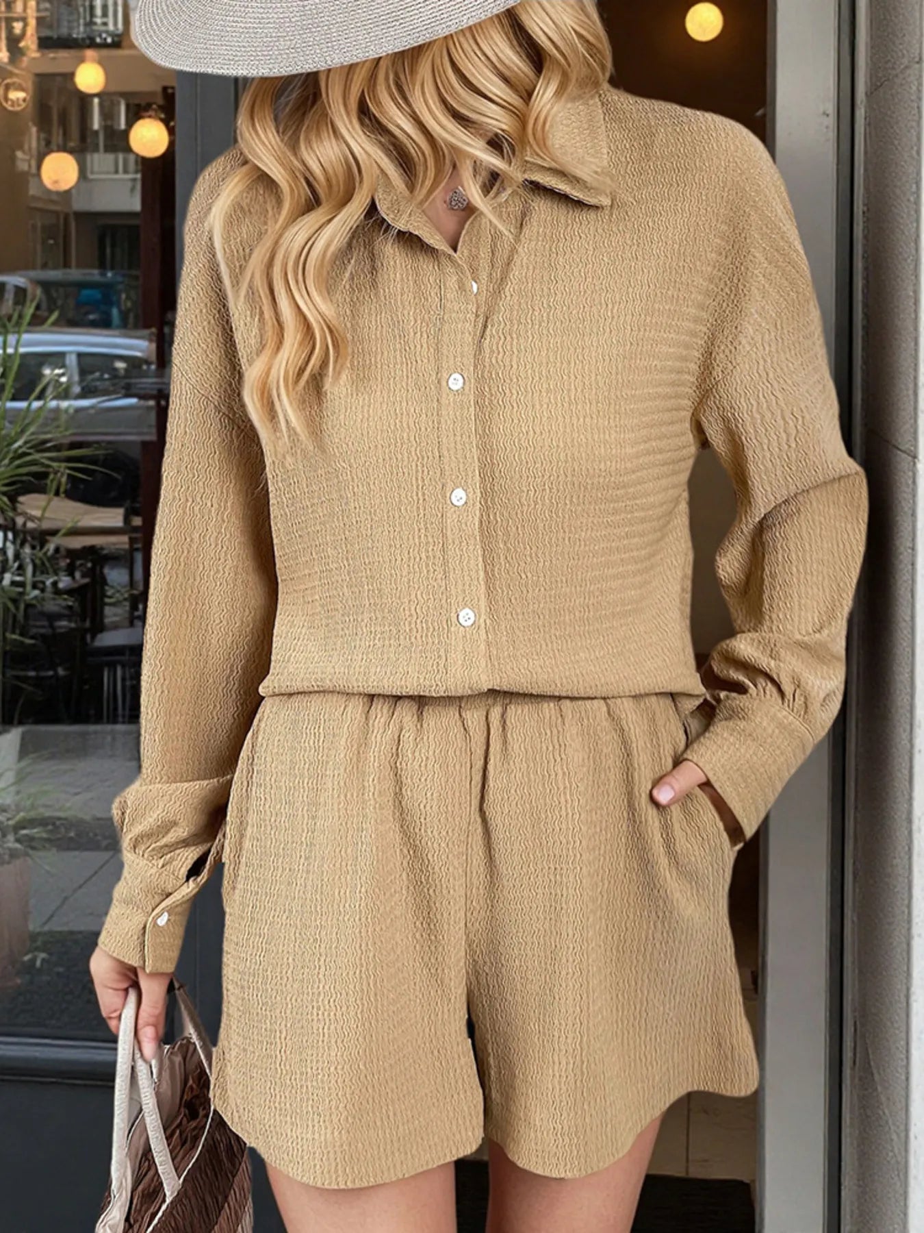 Button Up Long Sleeve Shirt and Shorts Set - Velora Luxury Fashion