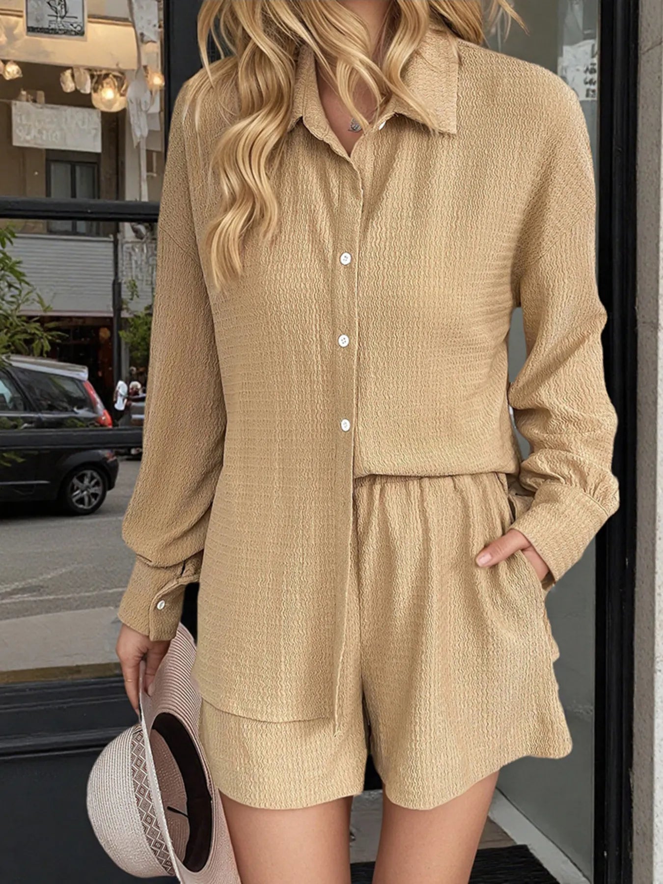 Button Up Long Sleeve Shirt and Shorts Set - Velora Luxury Fashion