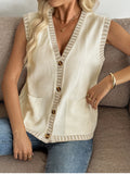 Button Up V-Neck Sweater Vest - Velora Luxury Fashion