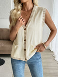 Button Up V-Neck Sweater Vest - Velora Luxury Fashion