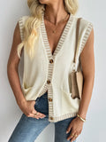 Button Up V-Neck Sweater Vest - Velora Luxury Fashion