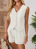 Button Up Vest and Shorts Set - Velora Luxury Fashion