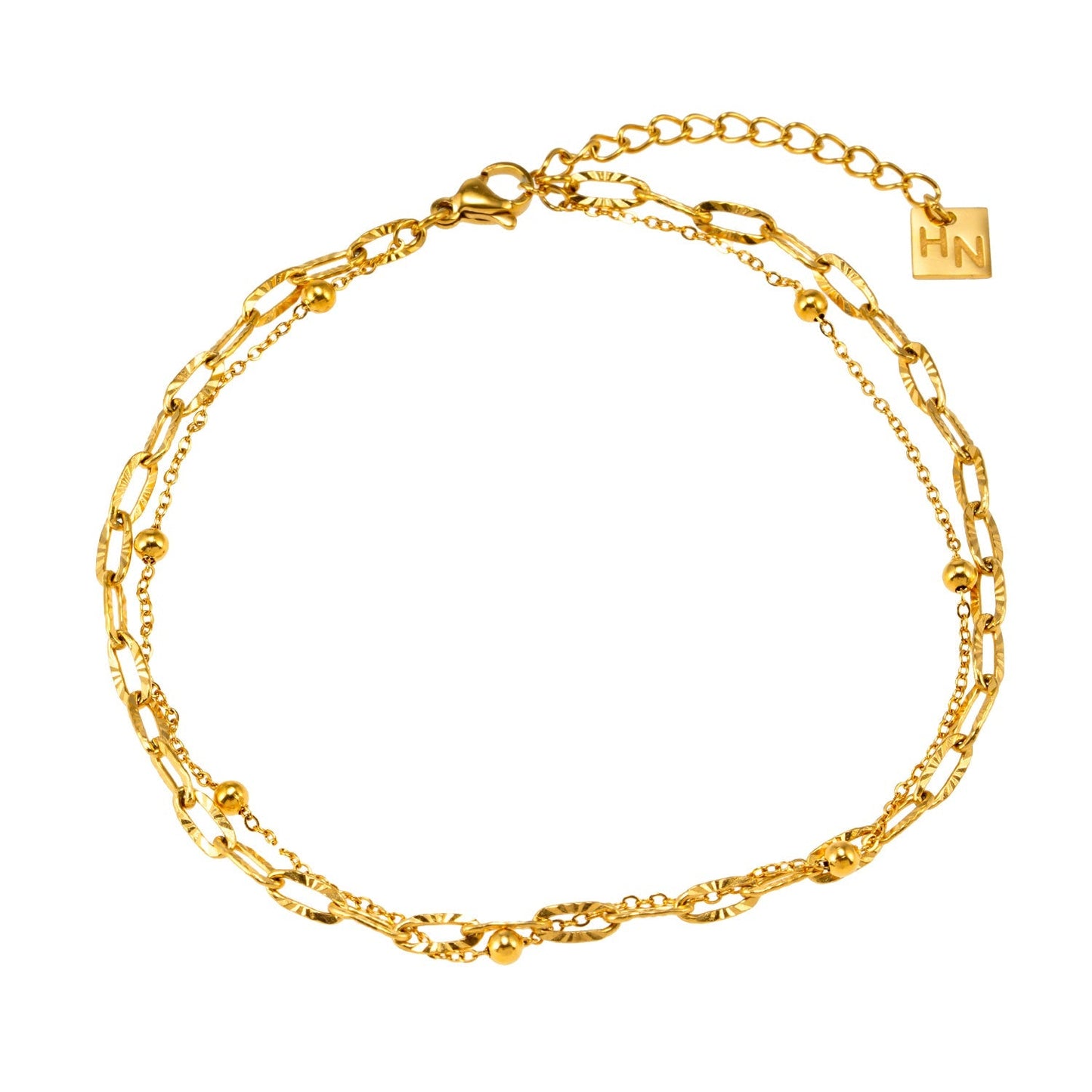 CASTILIA LG Gold Anklet:  Double Stacked Paper Clip Chain &  Beaded Chain - Dazzle in Duality - Velora Luxury Fashion