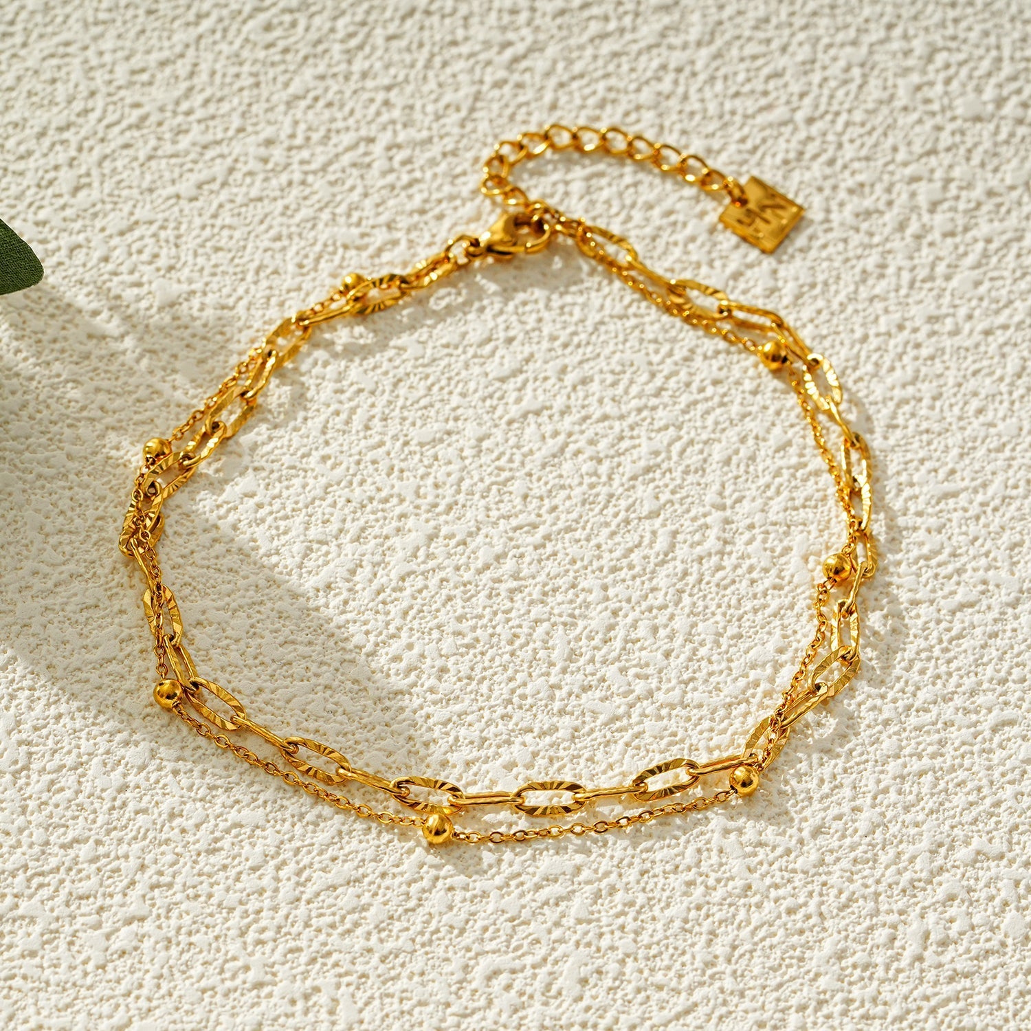 CASTILIA LG Gold Anklet:  Double Stacked Paper Clip Chain &  Beaded Chain - Dazzle in Duality - Velora Luxury Fashion