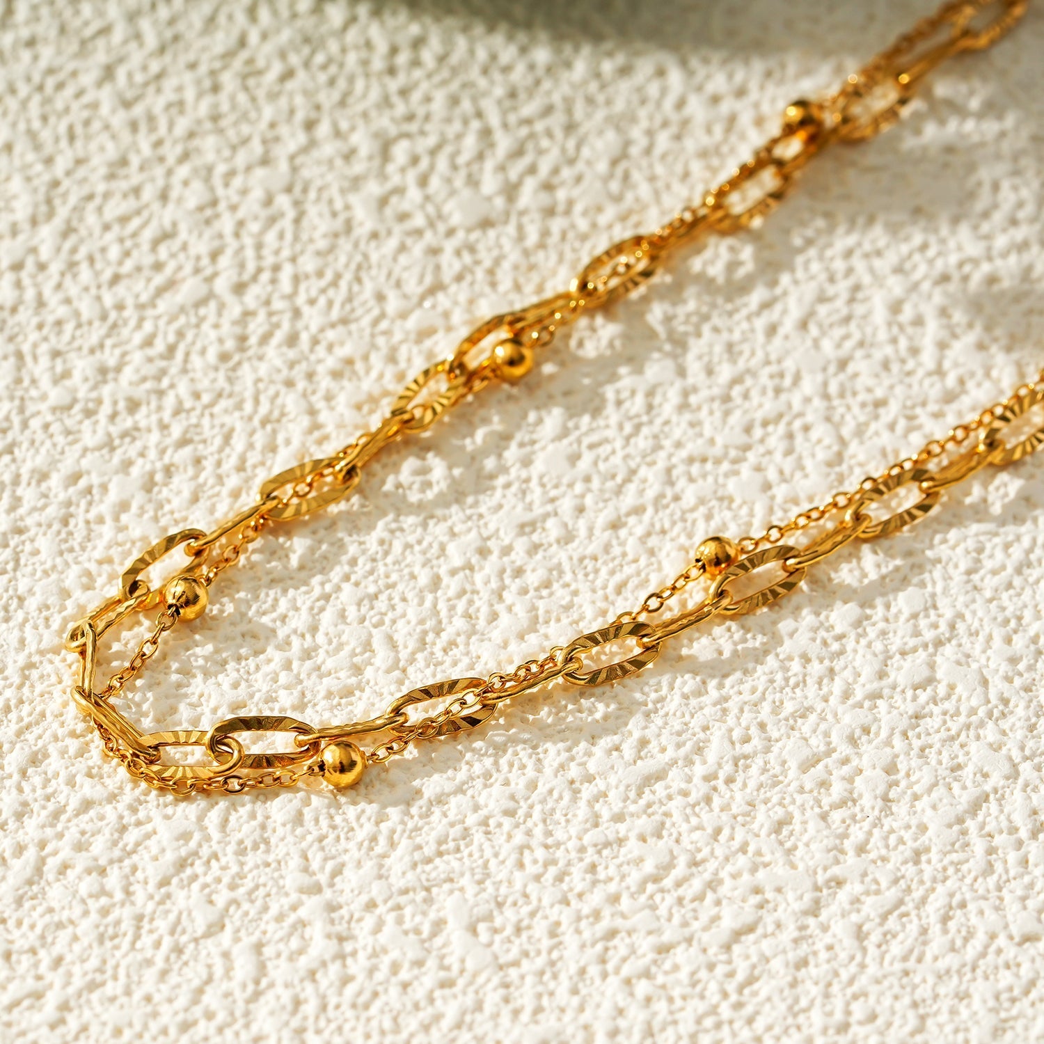 CASTILIA LG Gold Anklet:  Double Stacked Paper Clip Chain &  Beaded Chain - Dazzle in Duality - Velora Luxury Fashion