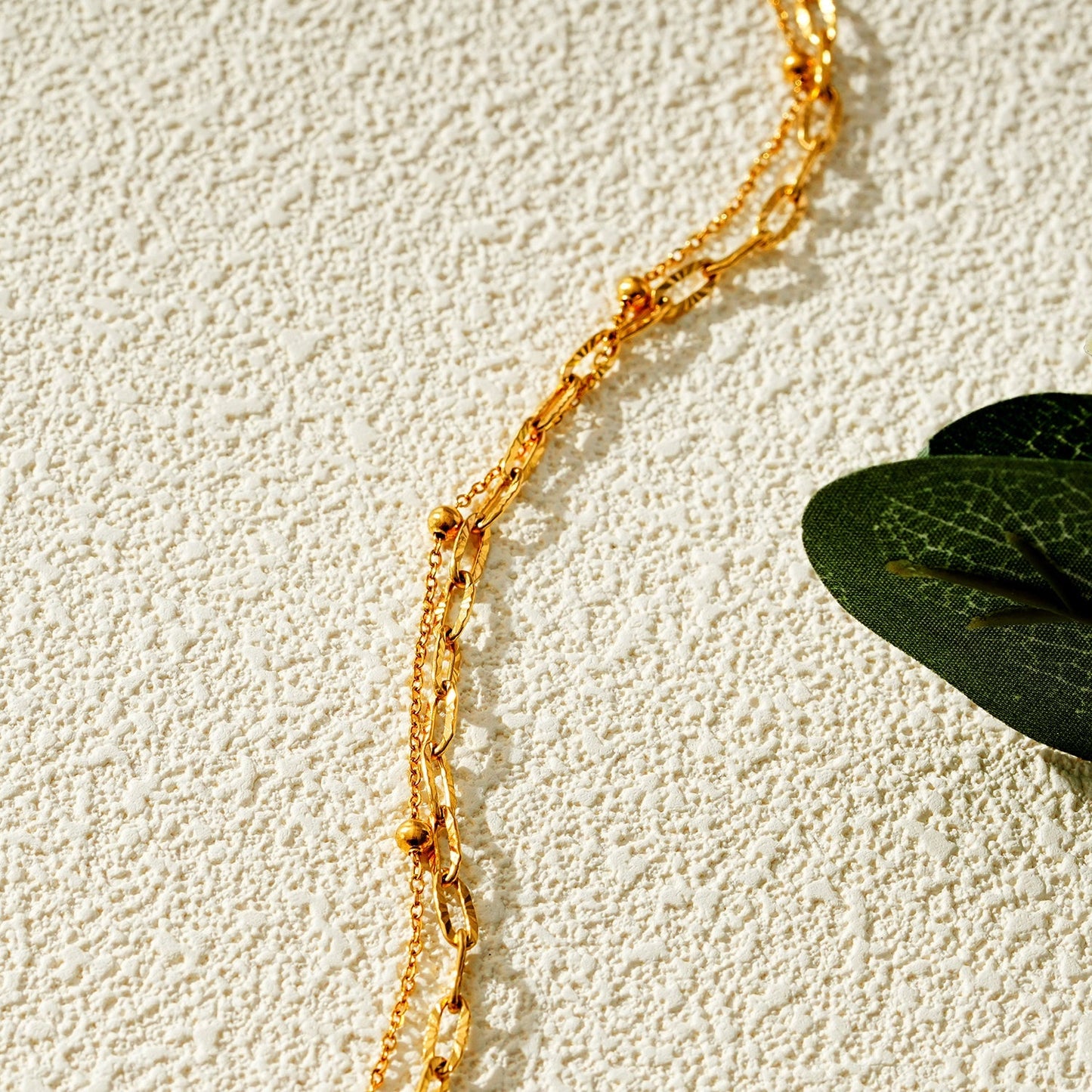 CASTILIA LG Gold Anklet:  Double Stacked Paper Clip Chain &  Beaded Chain - Dazzle in Duality - Velora Luxury Fashion