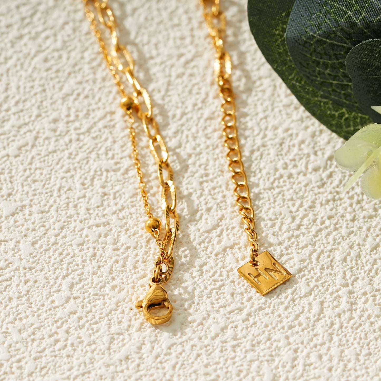 CASTILIA LG Gold Anklet:  Double Stacked Paper Clip Chain &  Beaded Chain - Dazzle in Duality - Velora Luxury Fashion