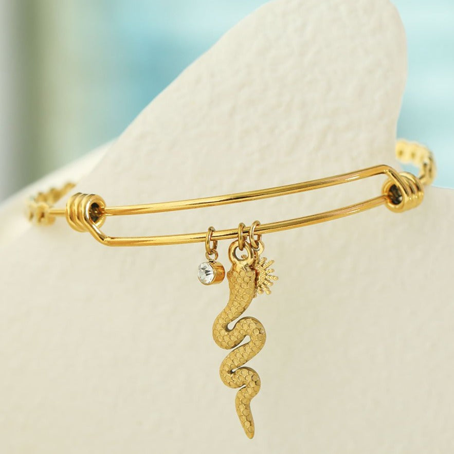 CATALINA Gold: Bracelet with Serpent, Sun Symbol and Zirconia (CZ) Charms - Velora Luxury Fashion