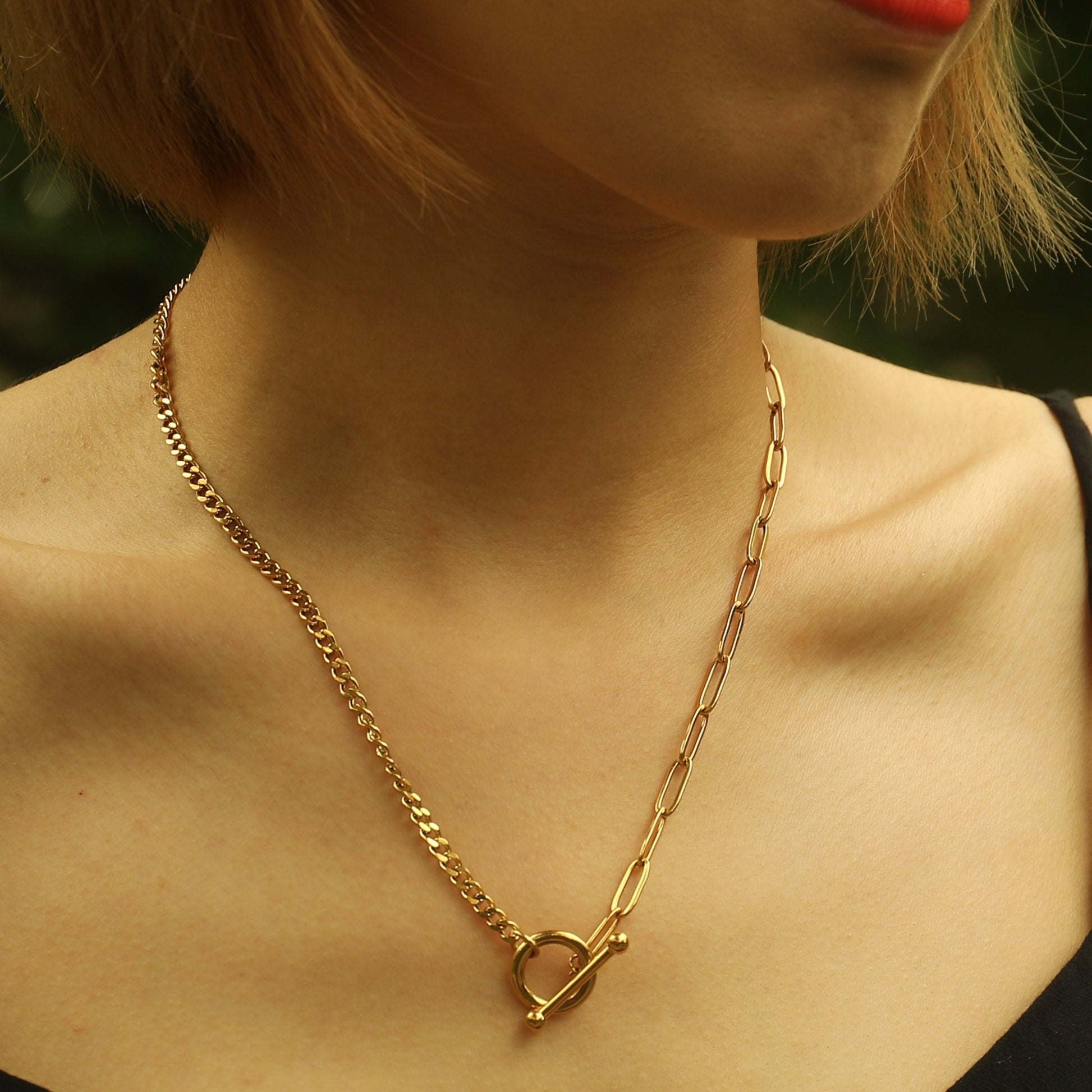 CHARLOTTE Gold:  Mix Chain T-Bar Gold Necklace - Velora Luxury Fashion