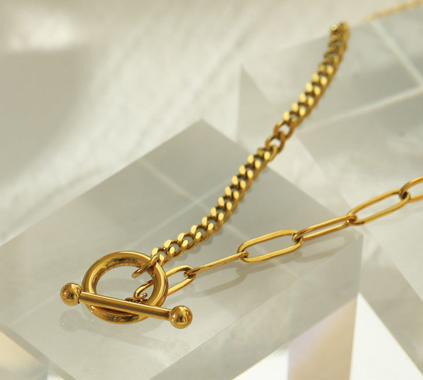 CHARLOTTE Gold:  Mix Chain T-Bar Gold Necklace - Velora Luxury Fashion