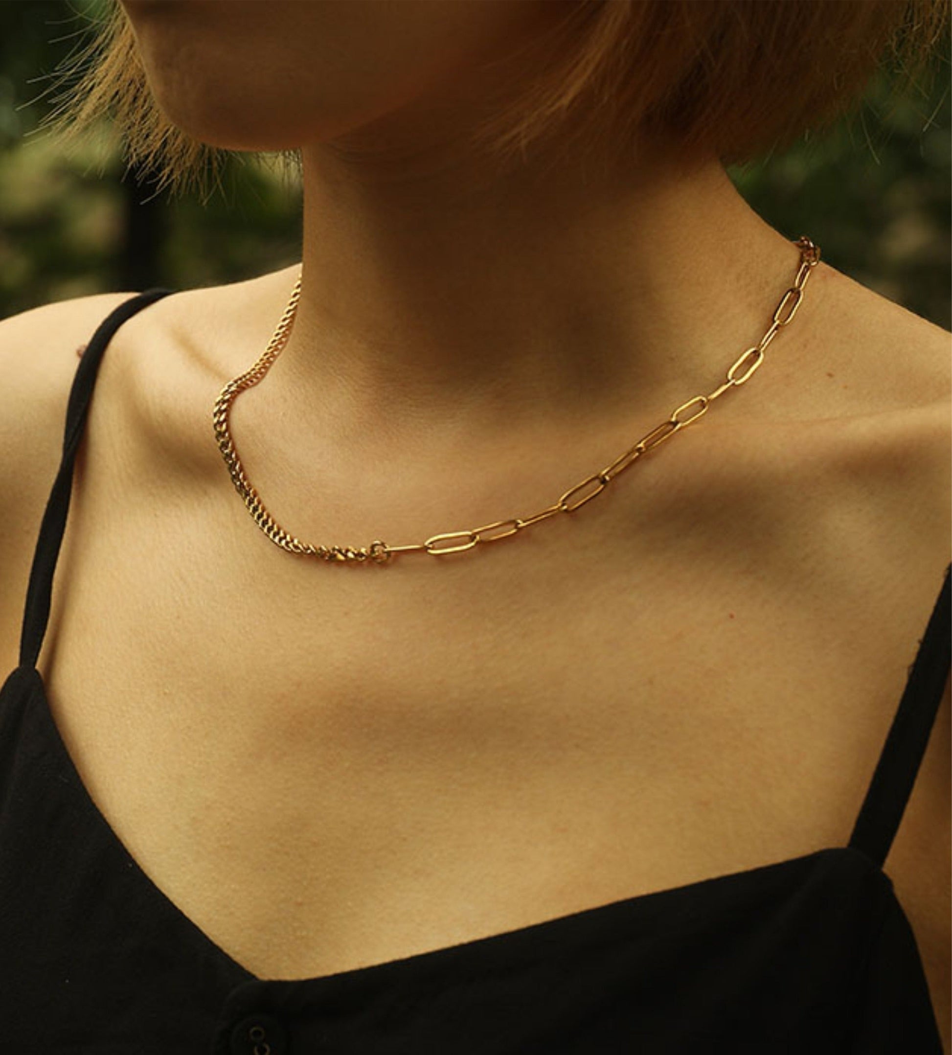 CHARLOTTE Gold:  Mix Chain T-Bar Gold Necklace - Velora Luxury Fashion
