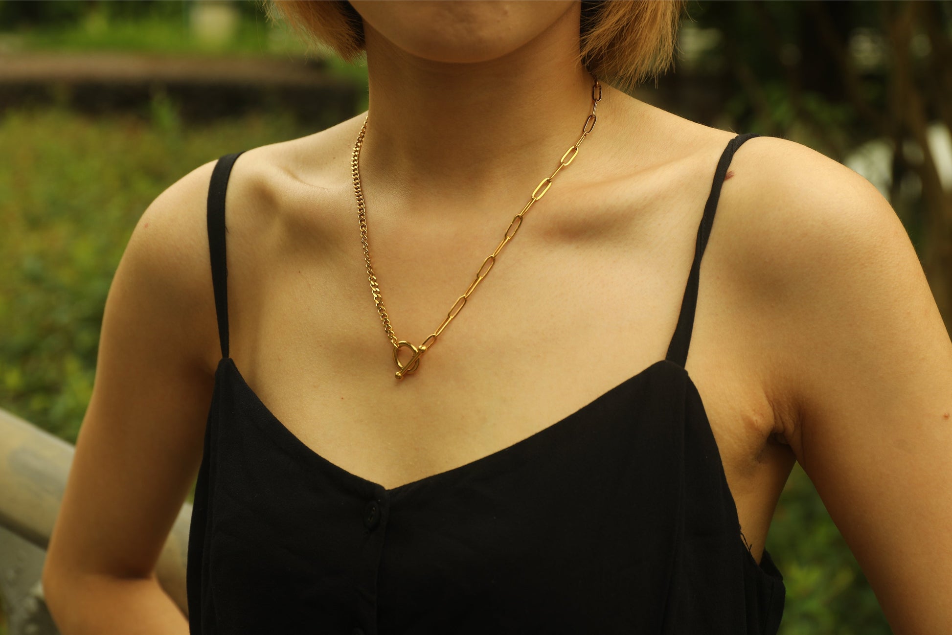 CHARLOTTE Gold:  Mix Chain T-Bar Gold Necklace - Velora Luxury Fashion