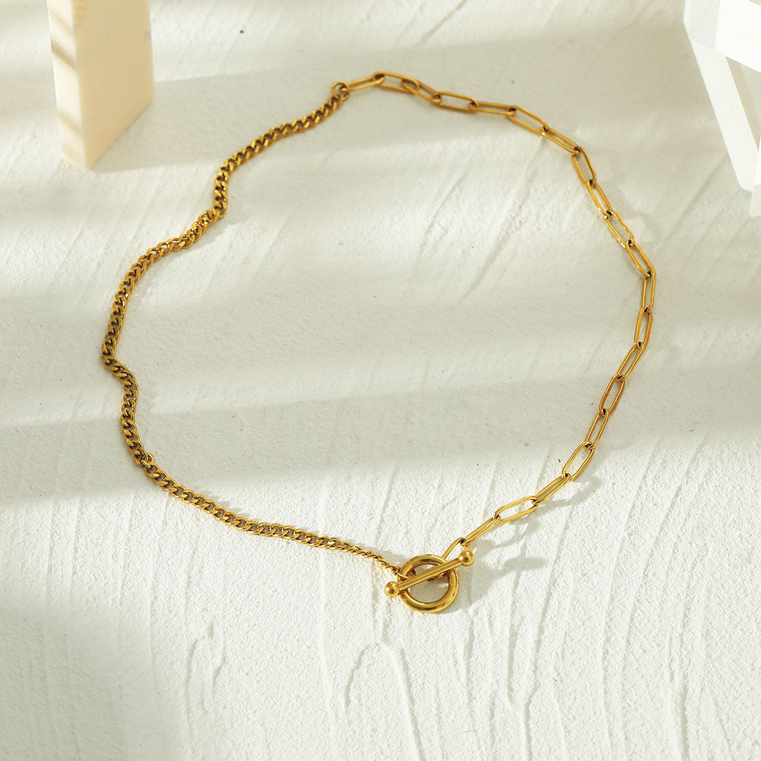 CHARLOTTE Gold:  Mix Chain T-Bar Gold Necklace - Velora Luxury Fashion