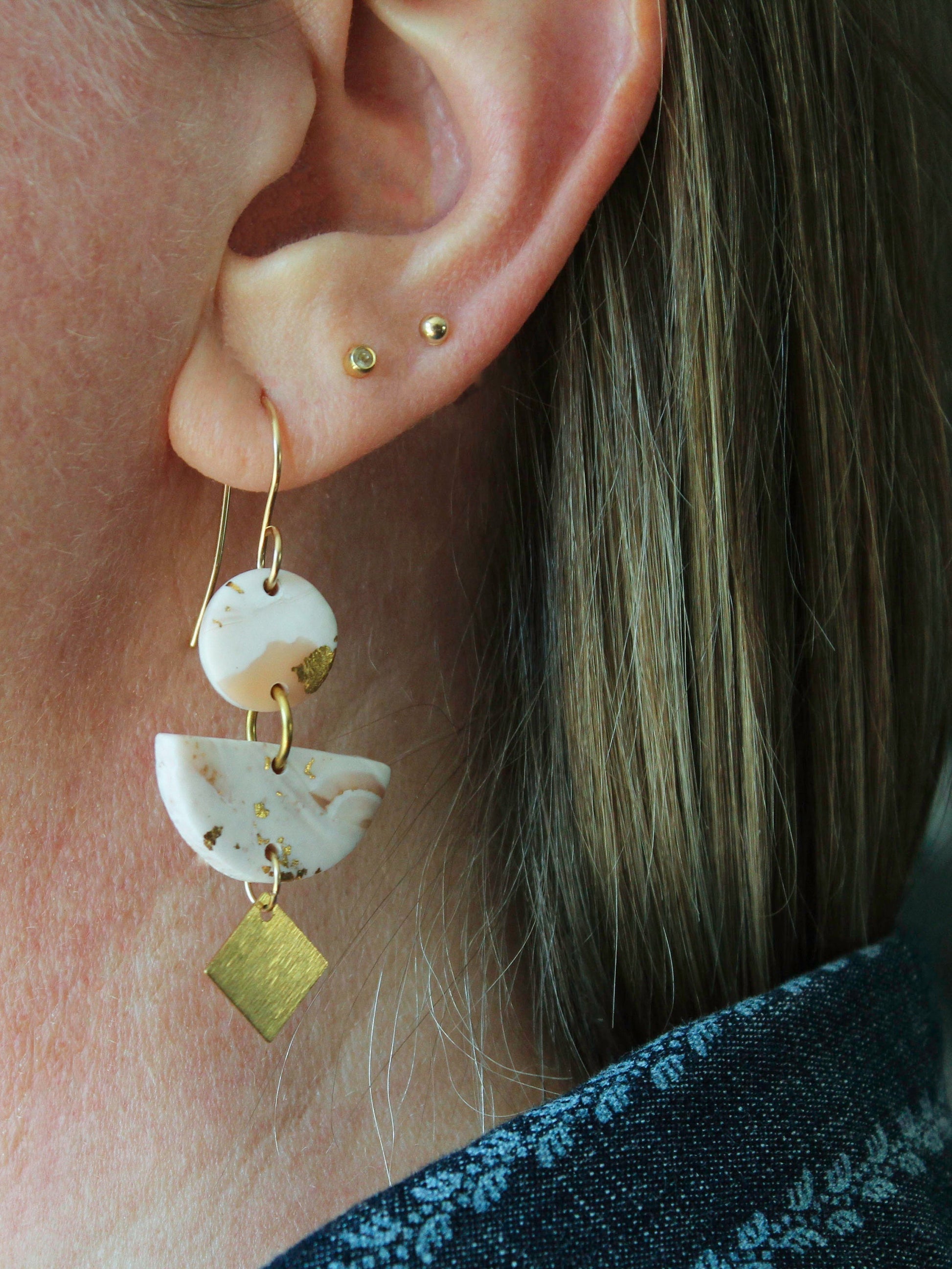 COLIBRI Earrings. White, Gray, Black and Gold leaf Polymer Clay statement earrings with brass dangles - Velora Luxury Fashion