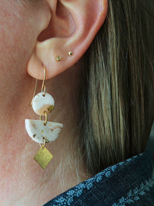 COLIBRI Earrings. White, Gray, Black and Gold leaf Polymer Clay statement earrings with brass dangles - Velora Luxury Fashion