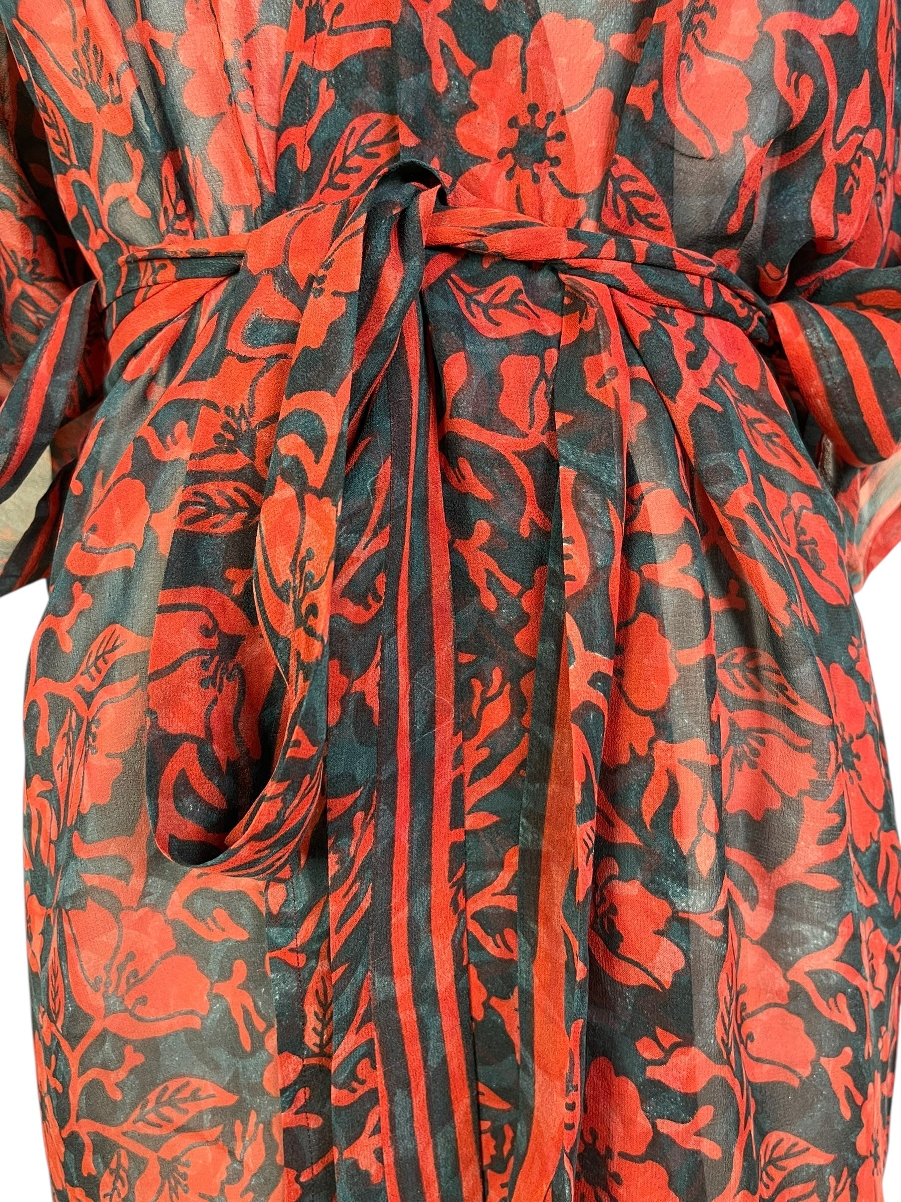 PRG6895 Sheer Avatar Pure Silk Kimono-Sleeved Jacket with Belt - Velora
