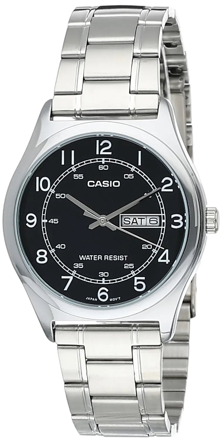 Casio MTP-V006D-1B2 Mens Stainless Steel Easy Reader Black Dial Day Date Analog Dress Watch - Velora Luxury Fashion