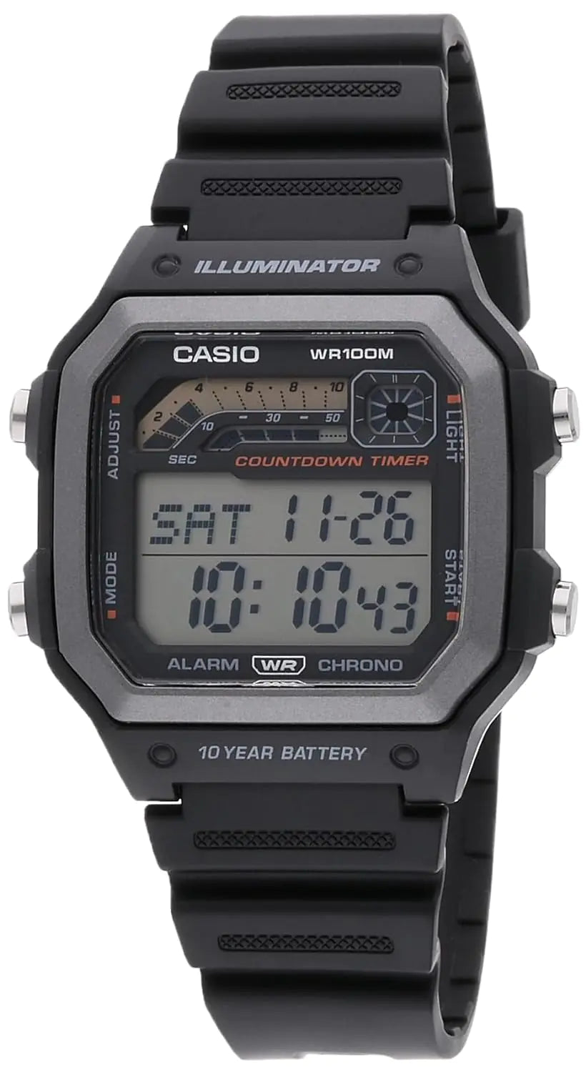 Casio WS1600H Series | Men’s Watch | Sports Design | Black | Stopwatch | Countdown Timer | LED Light with Afterglow | 100M WR | Daily Alarm | Auto Calendar | World Time | 10 Year Battery - Velora Luxury Fashion