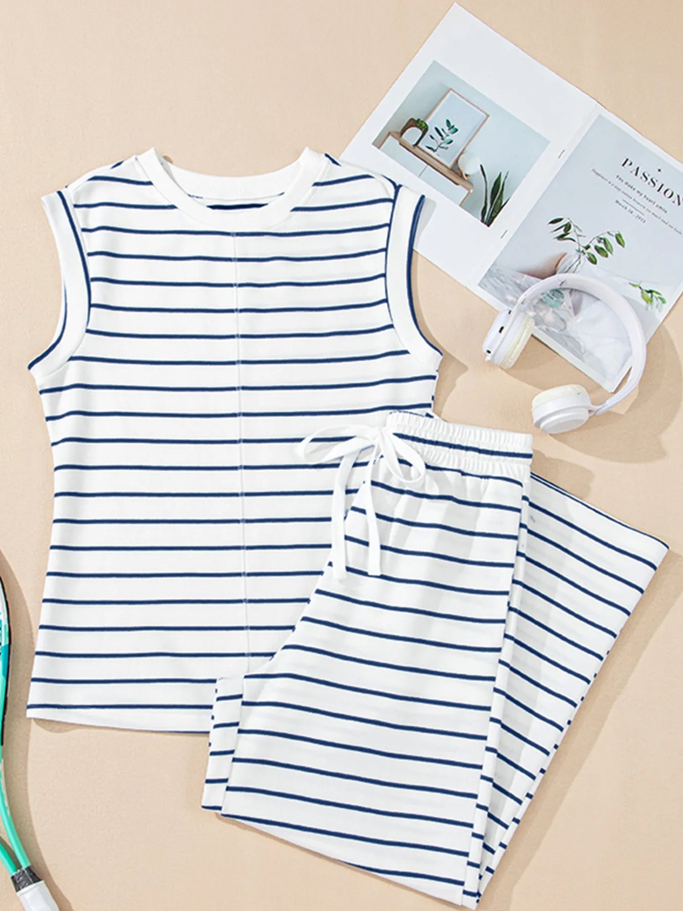 Casual Striped Tank and Wide Leg Pants 2pcs Set - Velora Luxury Fashion