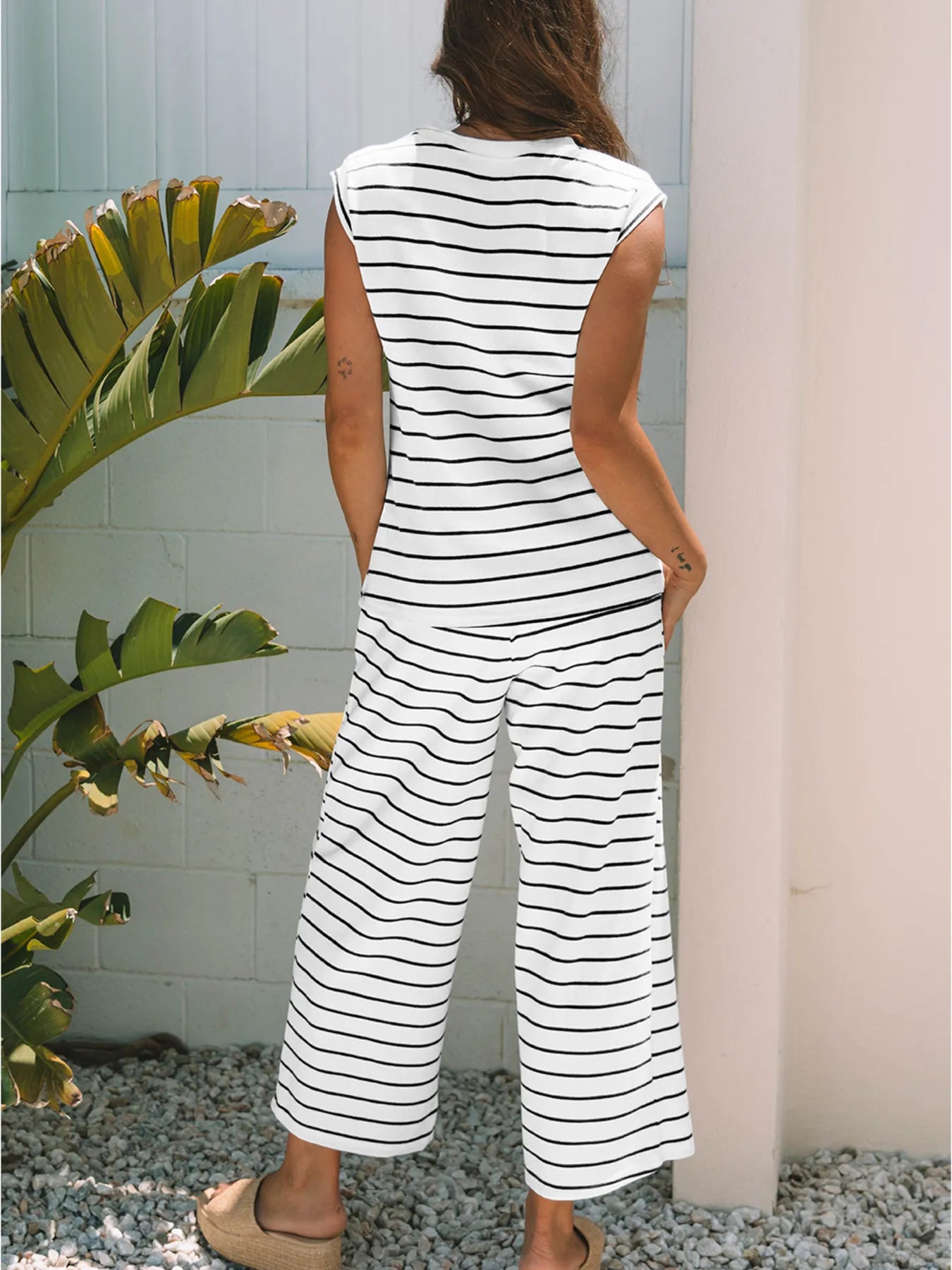 Casual Striped Tank and Wide Leg Pants 2pcs Set - Velora Luxury Fashion