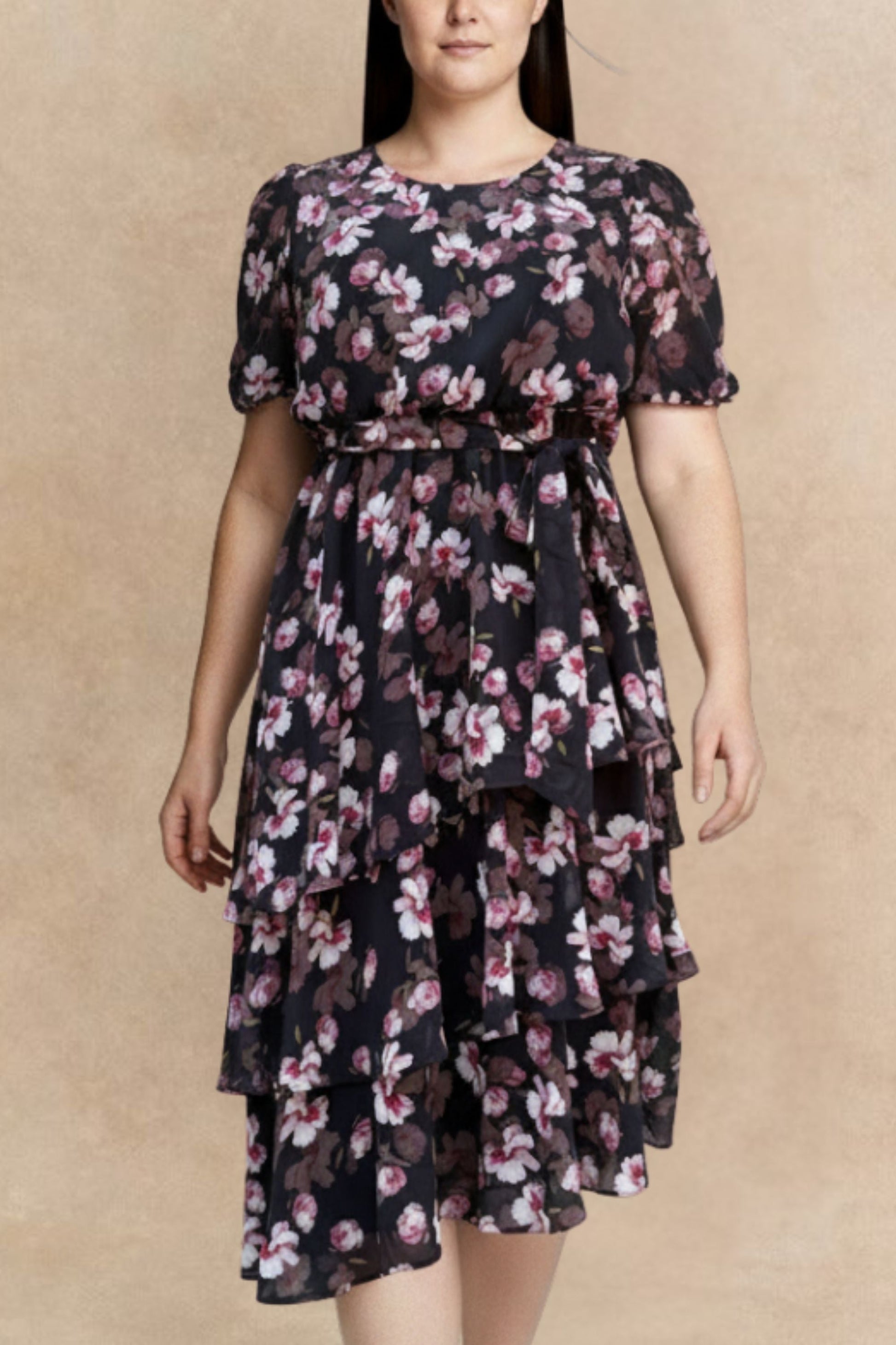 Catalina Black Floral Dress with Layered Hemline - Velora Luxury Fashion