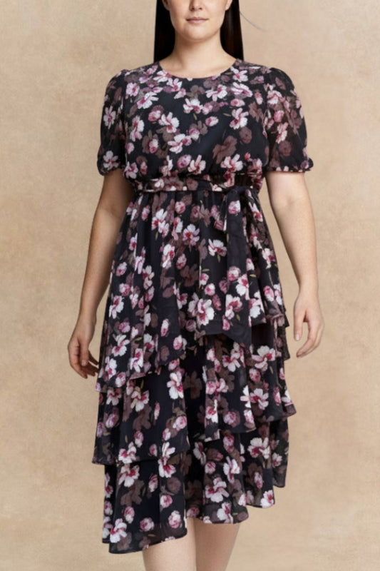Catalina Black Floral Dress with Layered Hemline - Velora Luxury Fashion