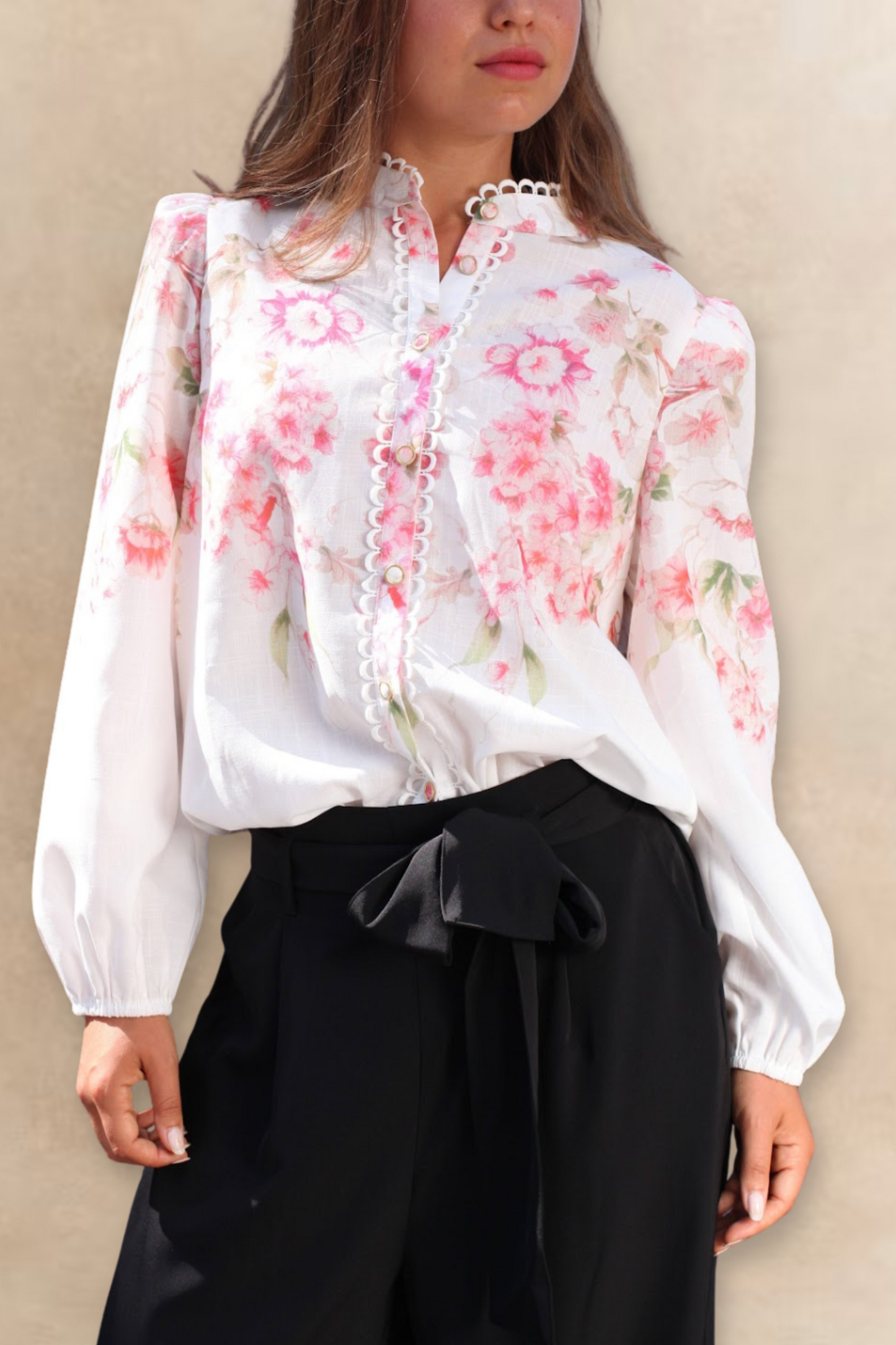 Celeste Women's Floral White Blouse Decorative Front Trim - Velora Luxury Fashion