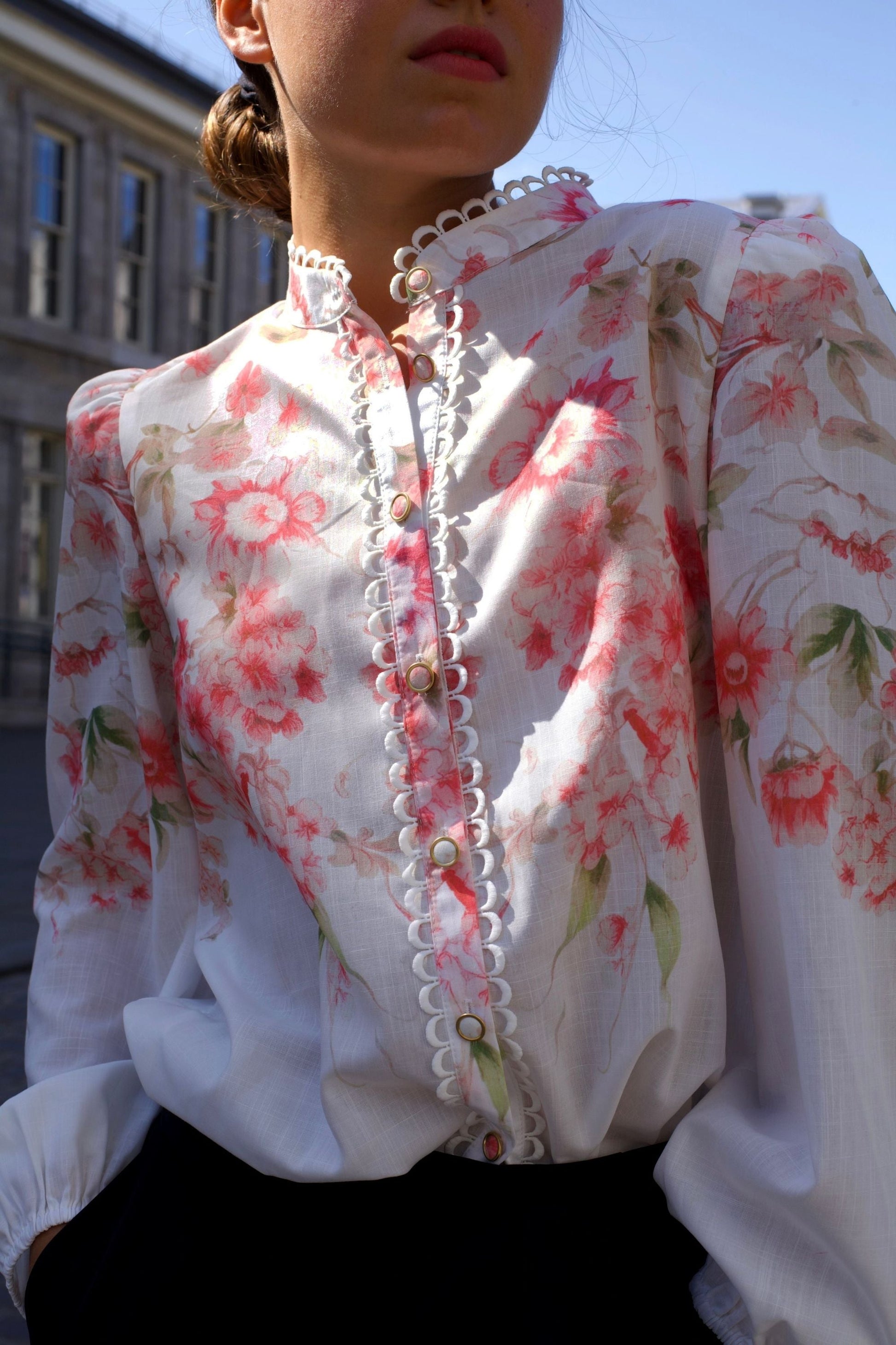 Celeste Women's Floral White Blouse Decorative Front Trim - Velora Luxury Fashion