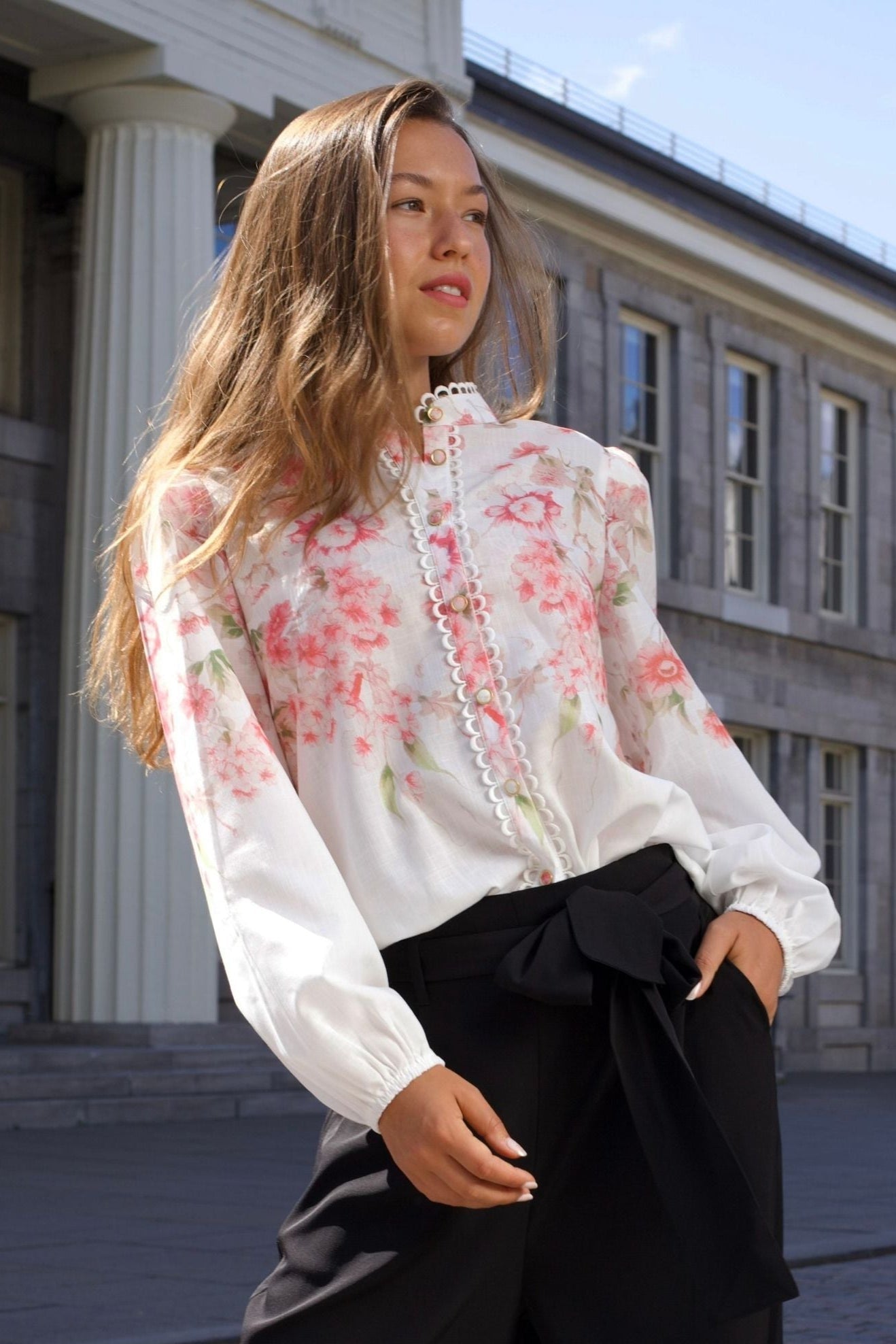 Celeste Women's Floral White Blouse Decorative Front Trim - Velora Luxury Fashion