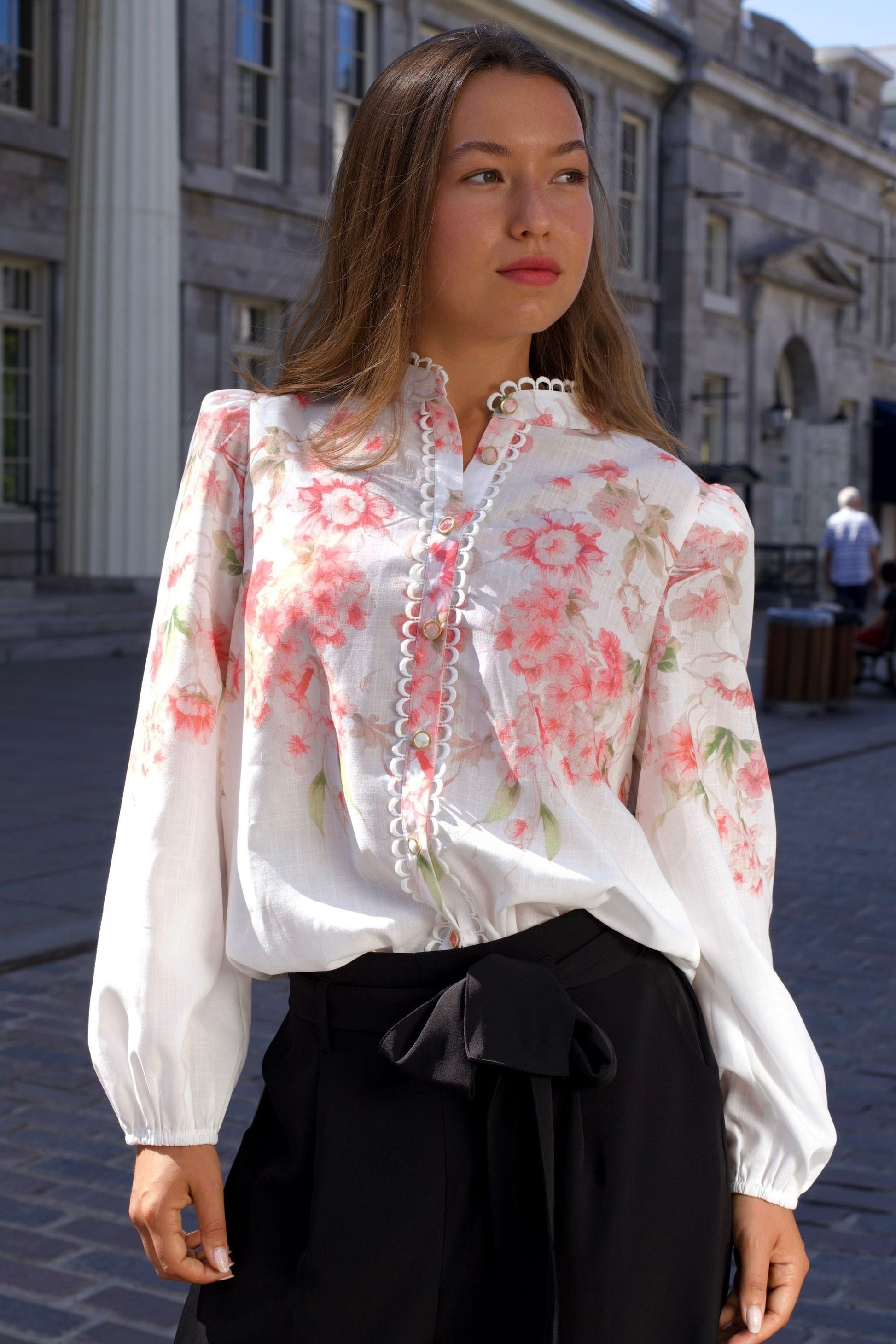 Celeste Women's Floral White Blouse Decorative Front Trim - Velora Luxury Fashion